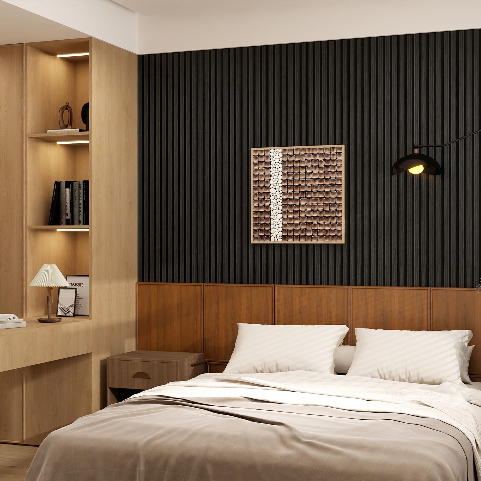 Paneles de pared estriados 3D para despegar y pegar, paneles de pared de espuma EVA con aspecto de madera para pared de TV, borde de listones autoadhesivo impermeable, rollo de 30 m (negro), 1