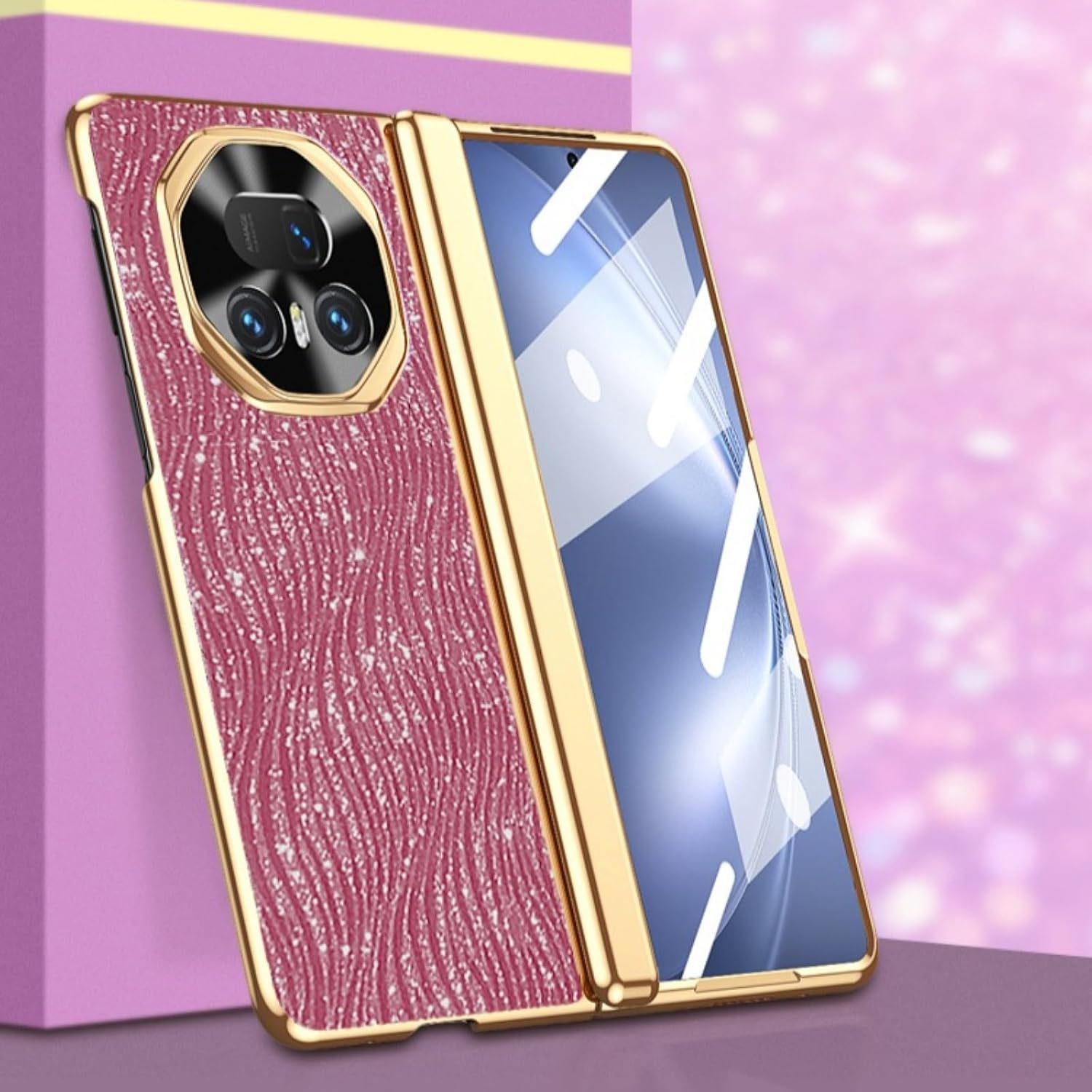 Case for Honor Magic V5, Luxury Glitter Leather Shockproof Case with Built-in Screen Protector, Lightweight, Hinge Protection, Electroplated Frame (Purple)