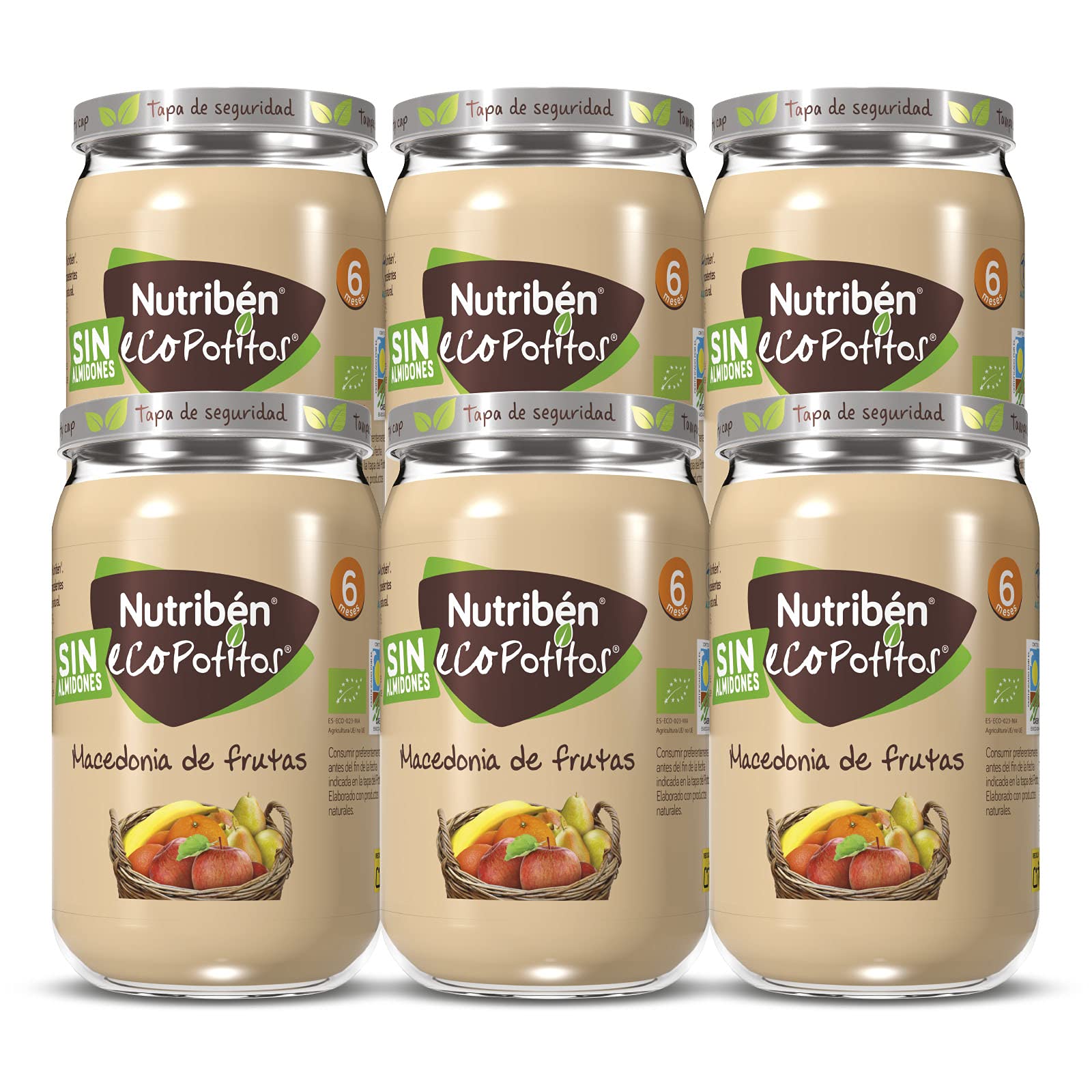 Nutribén Ecopotitos de Macedonia,100% fruta y Sin almidones - Ingredientes ecológicos- Desde los 6 meses, Pack de 6 x 190 g