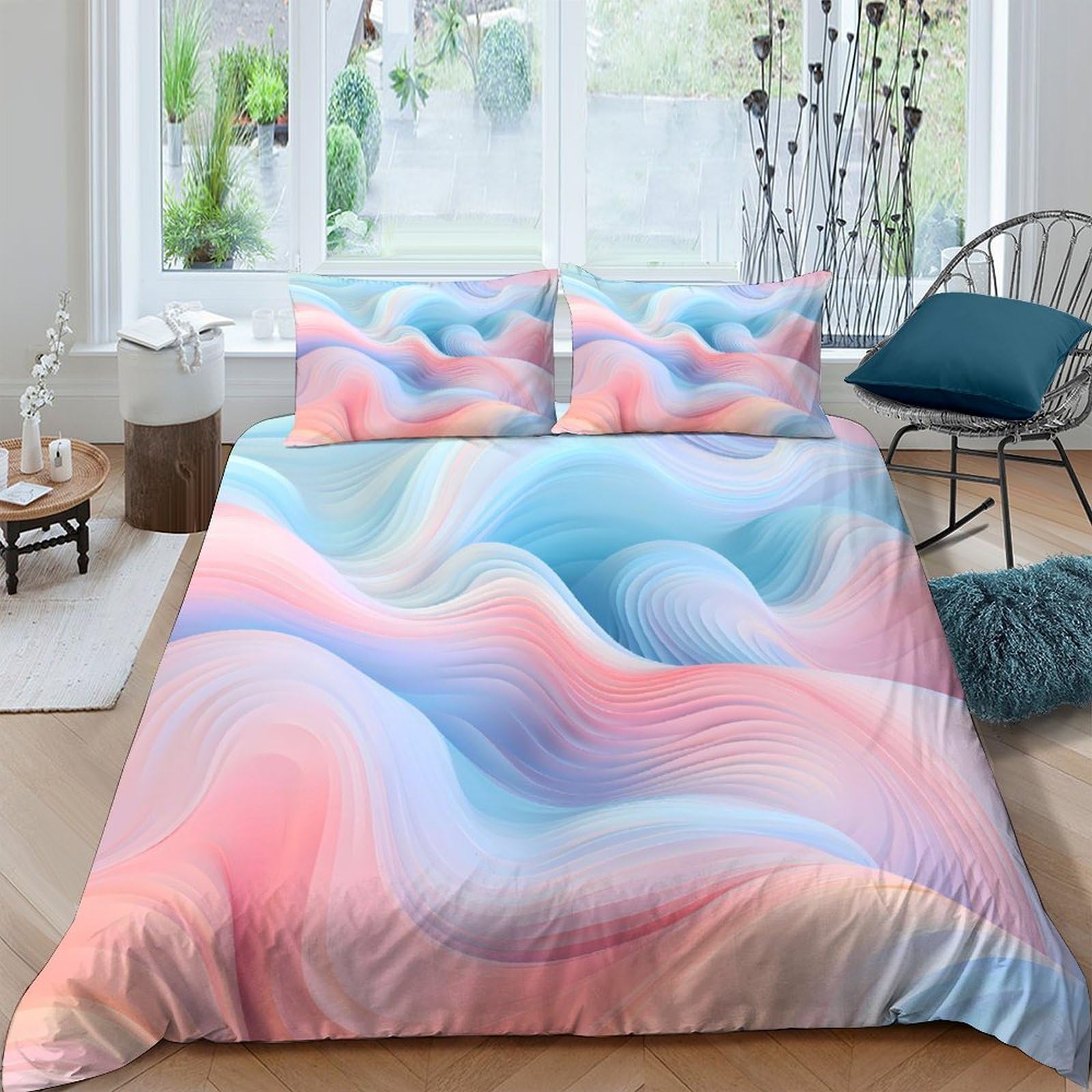 Ctjqhvkz Style-9 3D Printed Pastel Waves Fitted Sheet Microfiber Soft Bedroom Decor Gradient Mattress Cover For Home Dorm Single（135X200cm）