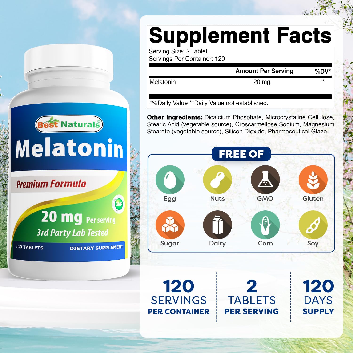 Best Naturals Melatonin 20mg 240 Tablets - Drug-Free Nighttime Sleep Aid - Non-GMO & Gluten Free — Amazon image 2