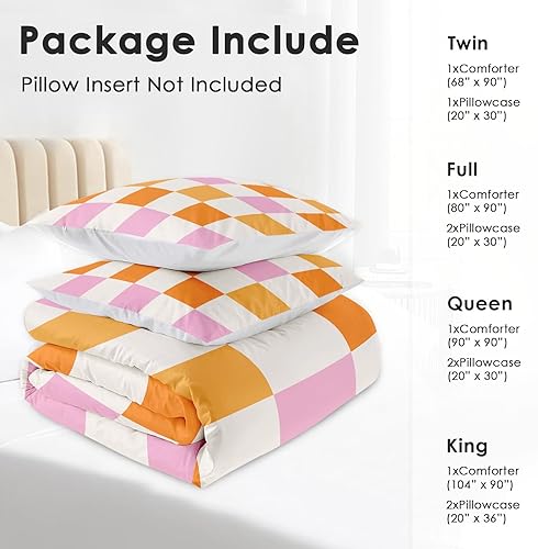 Miniatura 2 de Juego de edredón con 2 fundas de almohada, tamaño matrimonial, color rosa y naranja a cuadros, decoración de cama, hippie retro de los años 70,