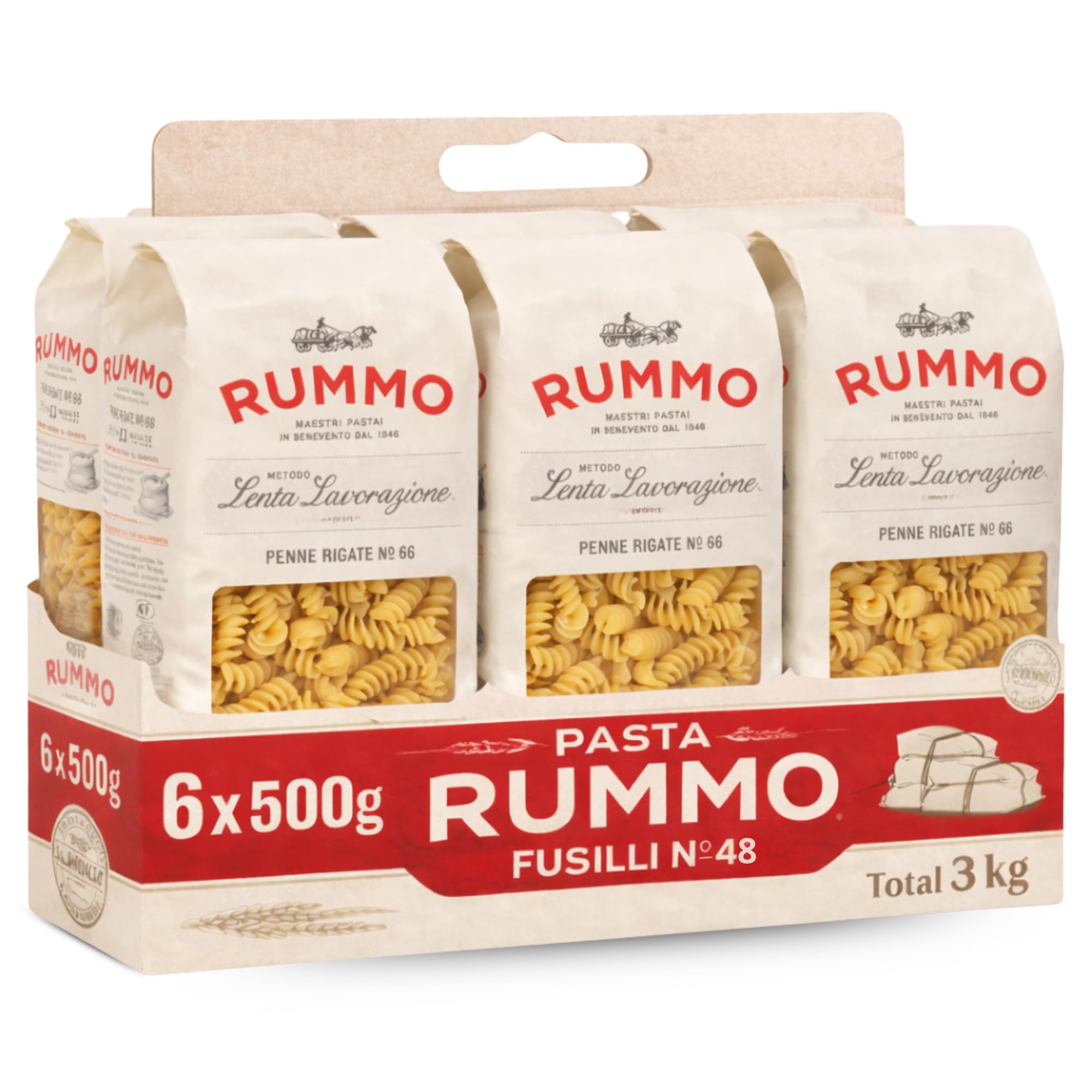 Pasta Rummo Fusilli Nº48 500g, Pasta Italiana, Pasta alimenticia de sémola de trigo duro, Contiene gluten, Puede contener trazas de soja, Tiempo de cocción 9 minutos, 6 Paquetes de 500 gr - imagen 1