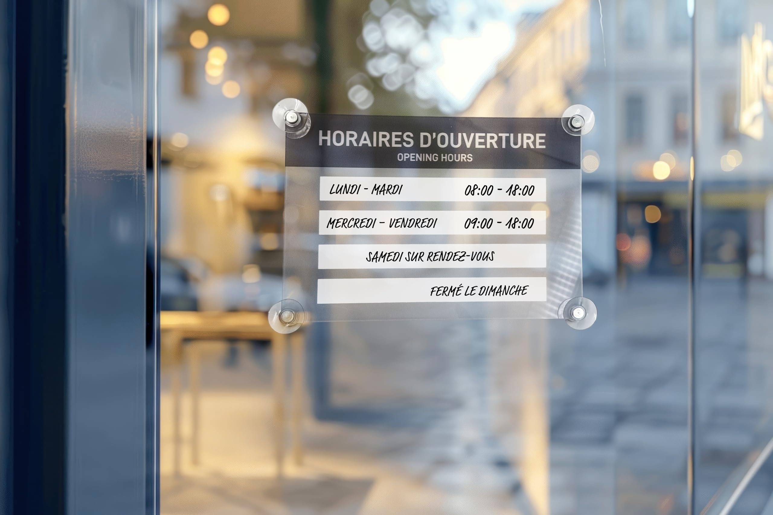 codiarts - Panneau horaires d'ouverture avec ventouses - 19 x 27 cm - En verre acrylique - Plaque de fenêtre inscriptible individuellement - Pour les magasins et les bureaux en français