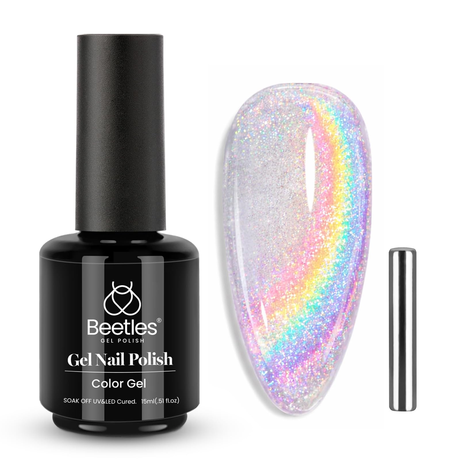 Beetles Silver Cat Eye Gel Nail Polish - 15ML Christmas Silver Glitter Rainbow Cat Eye Gel Polish with Magnet Soak Off UV Velvet Nail Polish Salon DIY