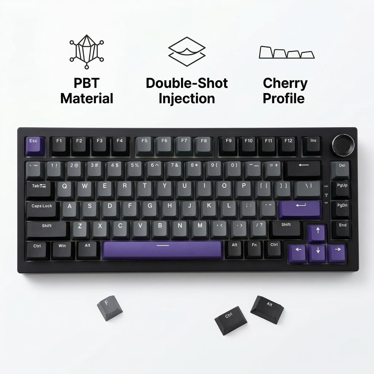 124 Keys Black Grey Purple Keycaps, PBT Double Shot Cherry Profile Keycap Set, Custom Mechanical Keyboard Keycaps for 60% 65% 75% 87% 100% ANSI Layout，Cherry Mx Switches image 2