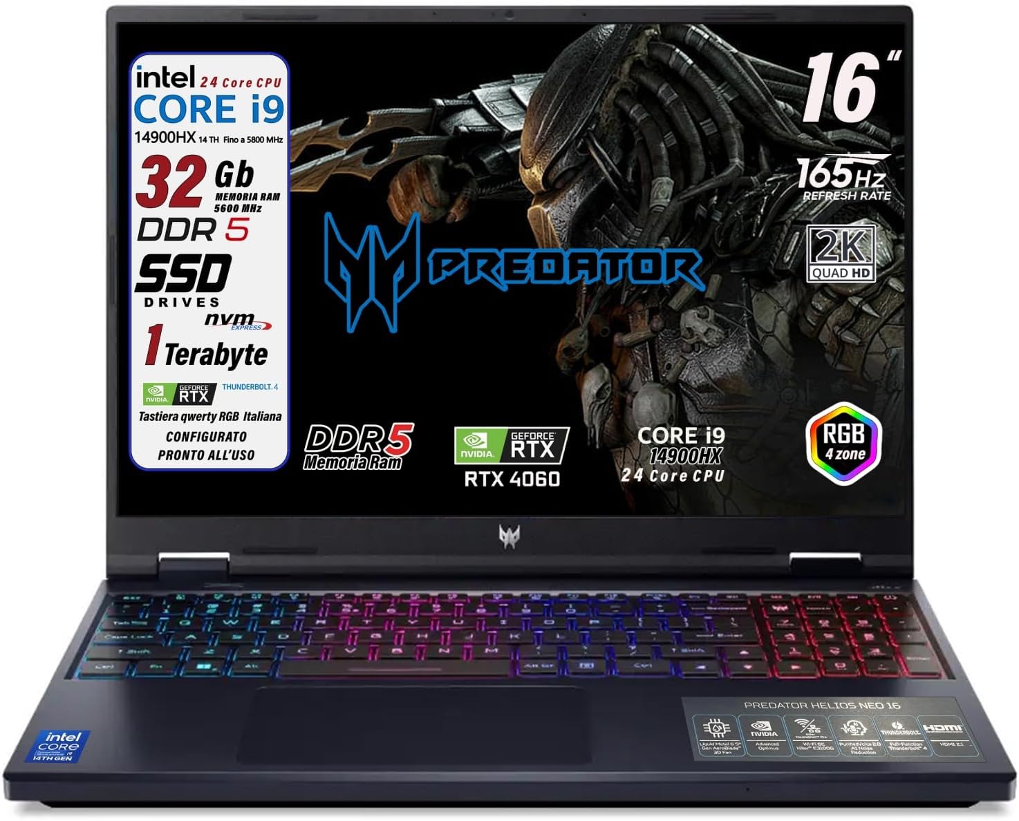 Predator Helios Neo16 Notebook Gaming, Processore Intel Core i9-14900HX, RAM 32Gb DDR5, SSD 1Tb pci, Display 16" WQXGA IPS 165Hz, NVIDIA GeForce RTX 4060 8Gb GDDR6, Win 11, Preconfigurato - Notebook
