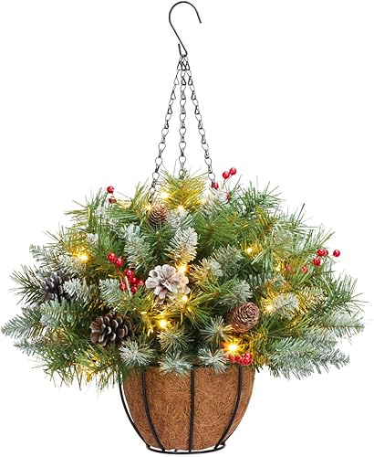 ANOTHERME Cesta colgante de Navidad artificial preiluminada de 20 pulgadas, preiluminada con 30 luces LED a pilas, decoración con conos de pino y