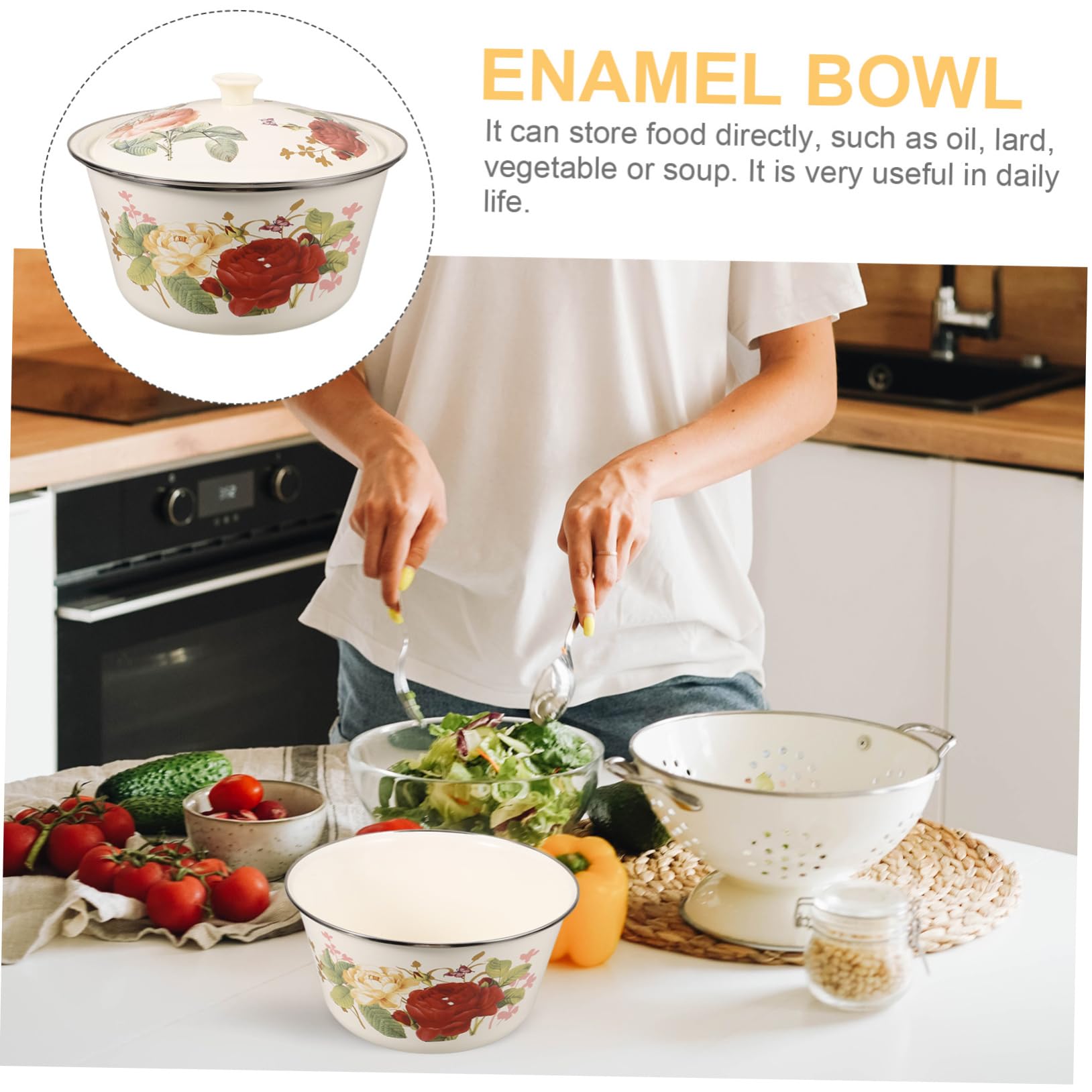 Cabilock Retro Emaille Schüssel mit Deckel Emailliertes Waschbecken aus Dickem Stahl 24cm Große Multifunktions Küchenschüssel für Zuhause Restaurant und Serviergeschirr