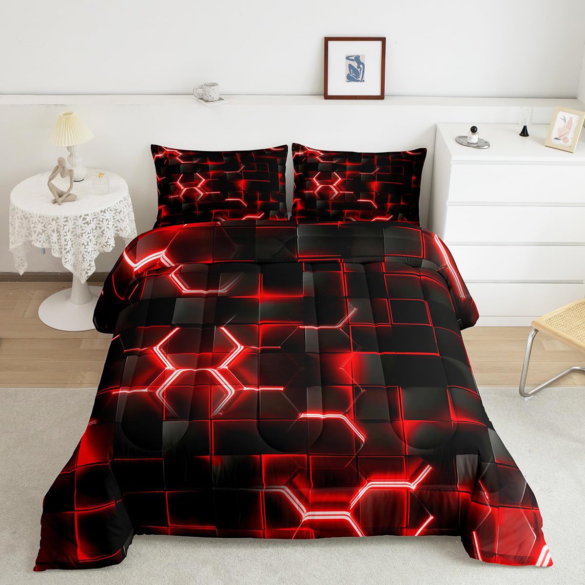 Feelyou Red and Black Bedding Set Queen Size Honeycomb Comforter Set for Kids Boys Girls Decor Hexagon Theme Comforter Geometrical Beehive Duvet Set