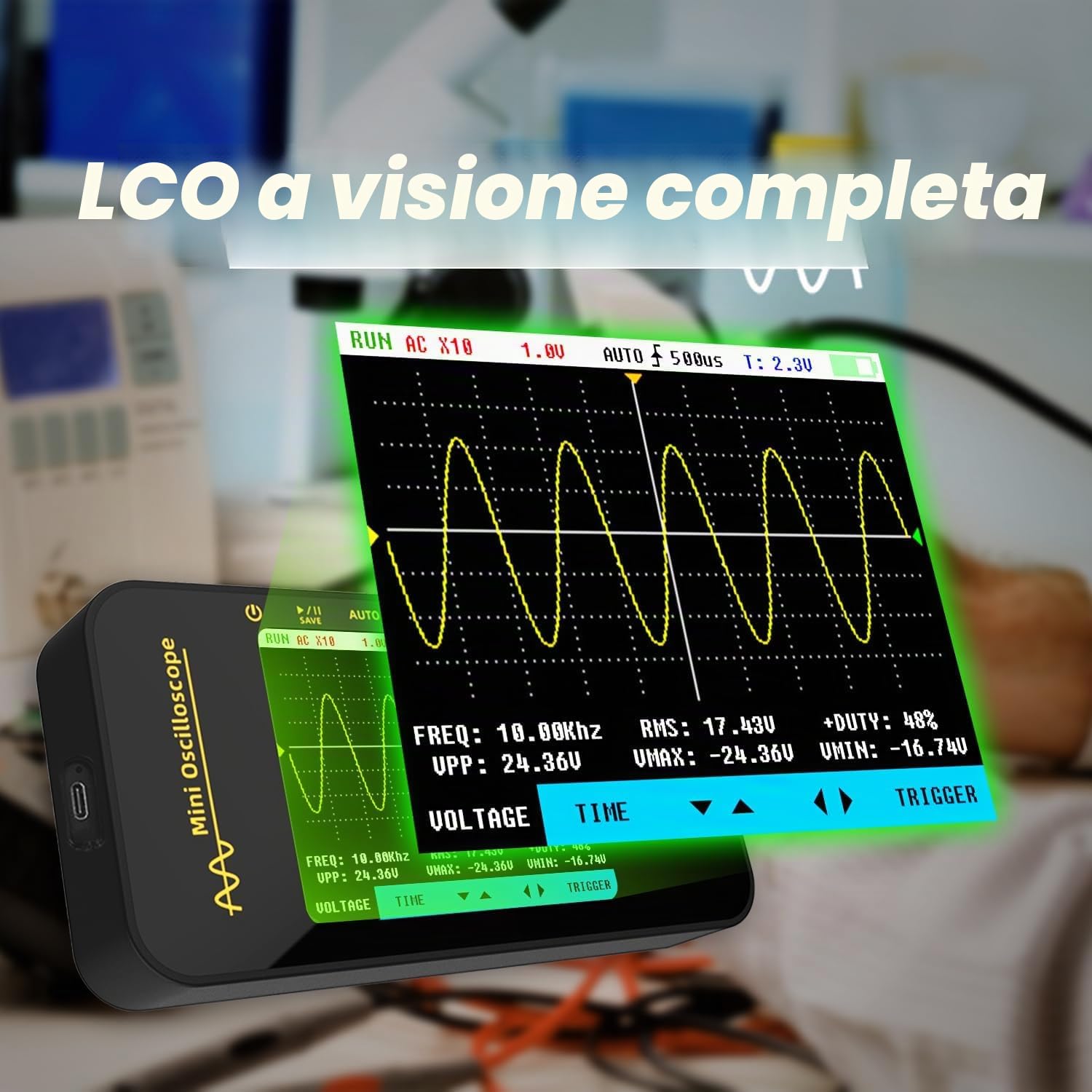 BSIDE OT5 Mini Oscilloscopio Digitale Portatile 50MHz Larghezza di Banda 200MSa/s Oscilloscopio Tascabile Ricaricabile Ultra Sottile con LCD a Colori 3,2 Pollici per Elettronica Audio Automotive