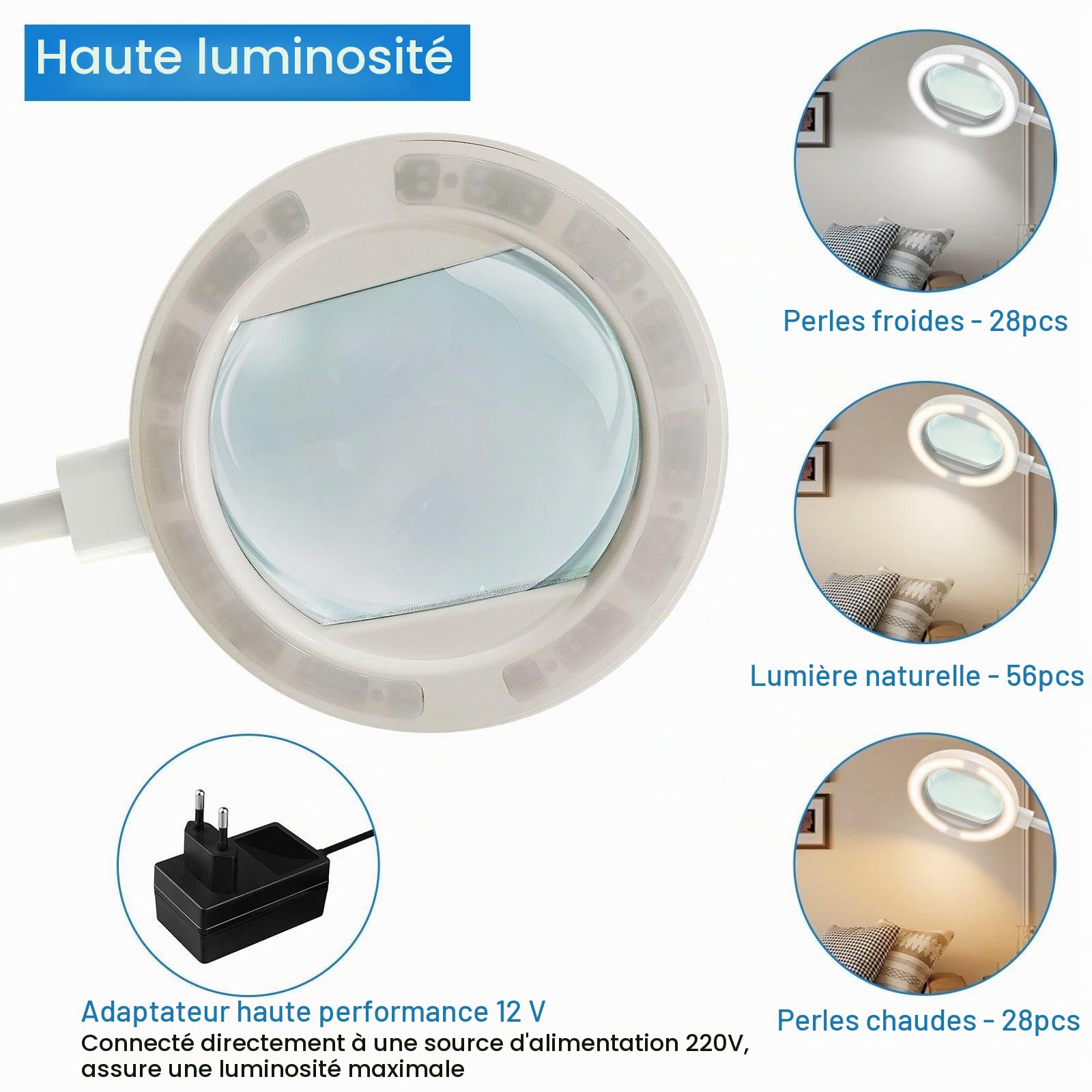 8X Lampe Loupe sur Pied, 56 LED Dimmbar Loupe Grossissante avec Lumiere avec 3 Modes de Couleur, 2-en-1 Grande Lampe de Lecture sur Pied pour Couture, Peinture, Artisanat