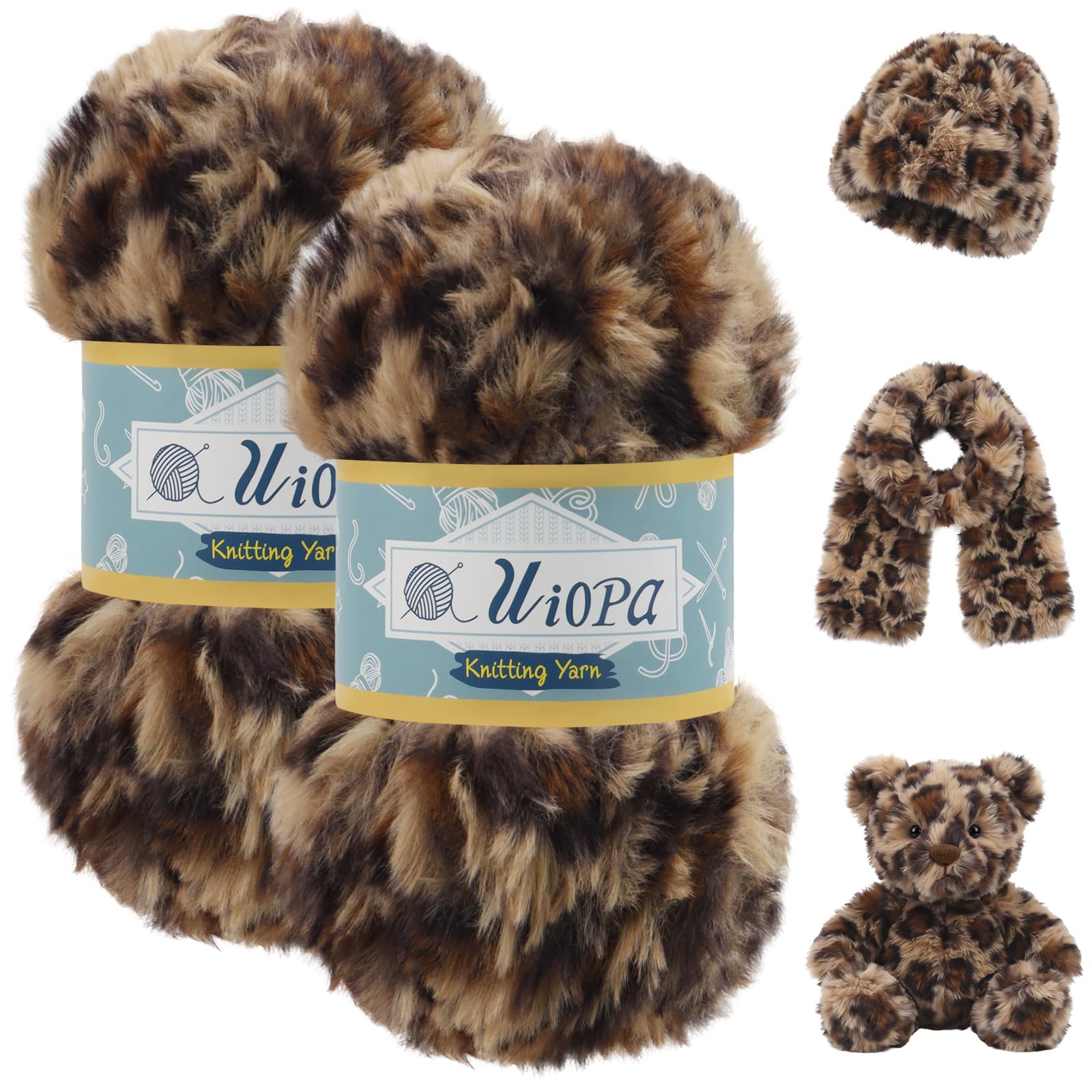 Uiopa Colorful-Brown Faux Fur Yarn, 2 x 100g (2 x 56m) Polyester Fluffy Yarn for Crochet, Plush Knitting Wool Chunky Fluffy Wool for Scarves Hats Shawls Amigurumi DIY Crafts