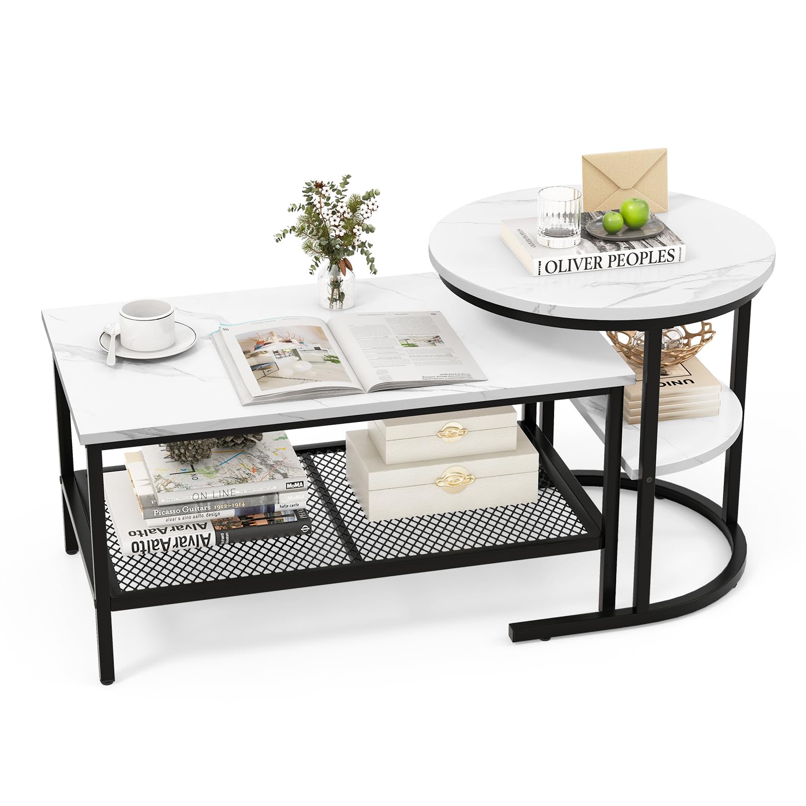 COSTWAY Nesting Coffee Tables Set of 2, Faux Marble Stacking Sofa Side End Table with Storage Shelf, 2-Tier Metal Frame Accent Center Tea Tables for Living Room Bedroom Office (Black+White)
