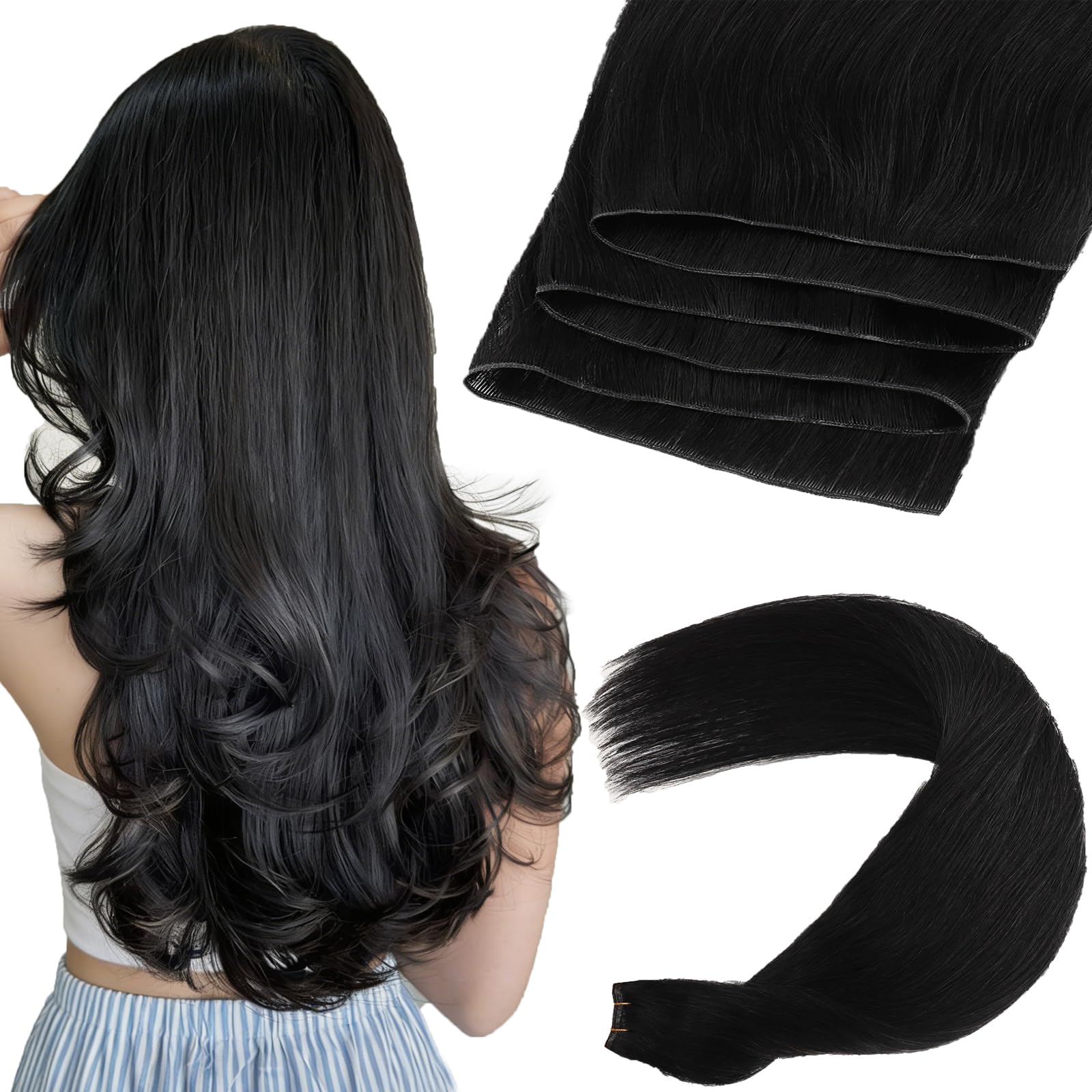 ABH AMAZINGBEAUTY HAIR Genius Weft Hair Extensions Human Hair Sew in Hair Extensions Real Human Hair Weft Extensions Hand Tied Virgin Hair 50G, #1 Jet