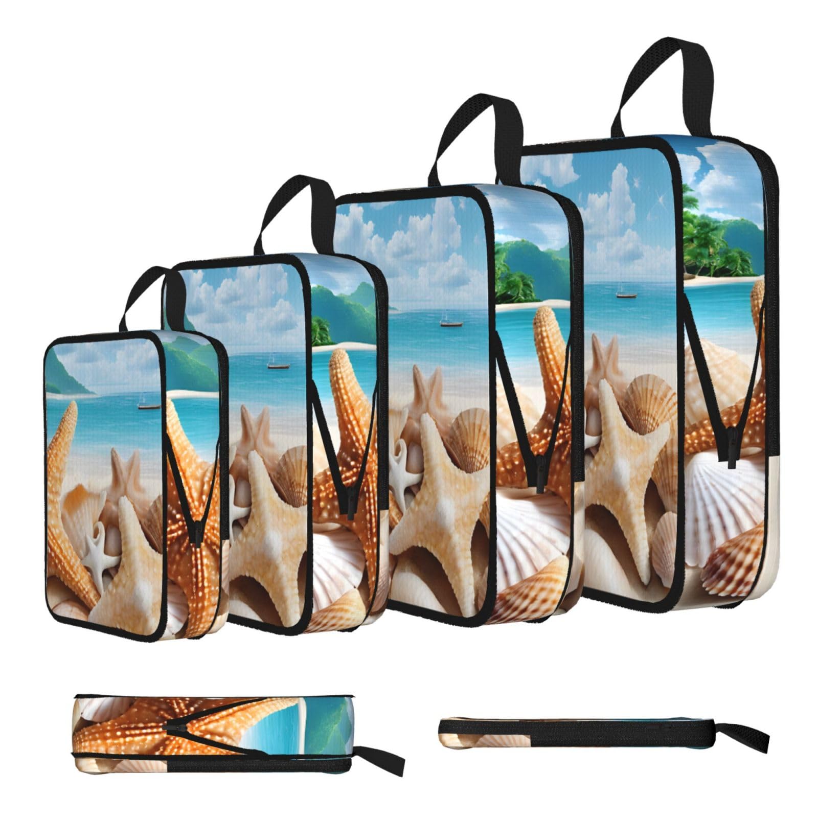 Ezdlowvba Black Seashell Beach Print Compression Packing Cubes 4-Piece Set With Multi- Compartment Travel Bag, Waterproof Suitcase Organiser Bags
