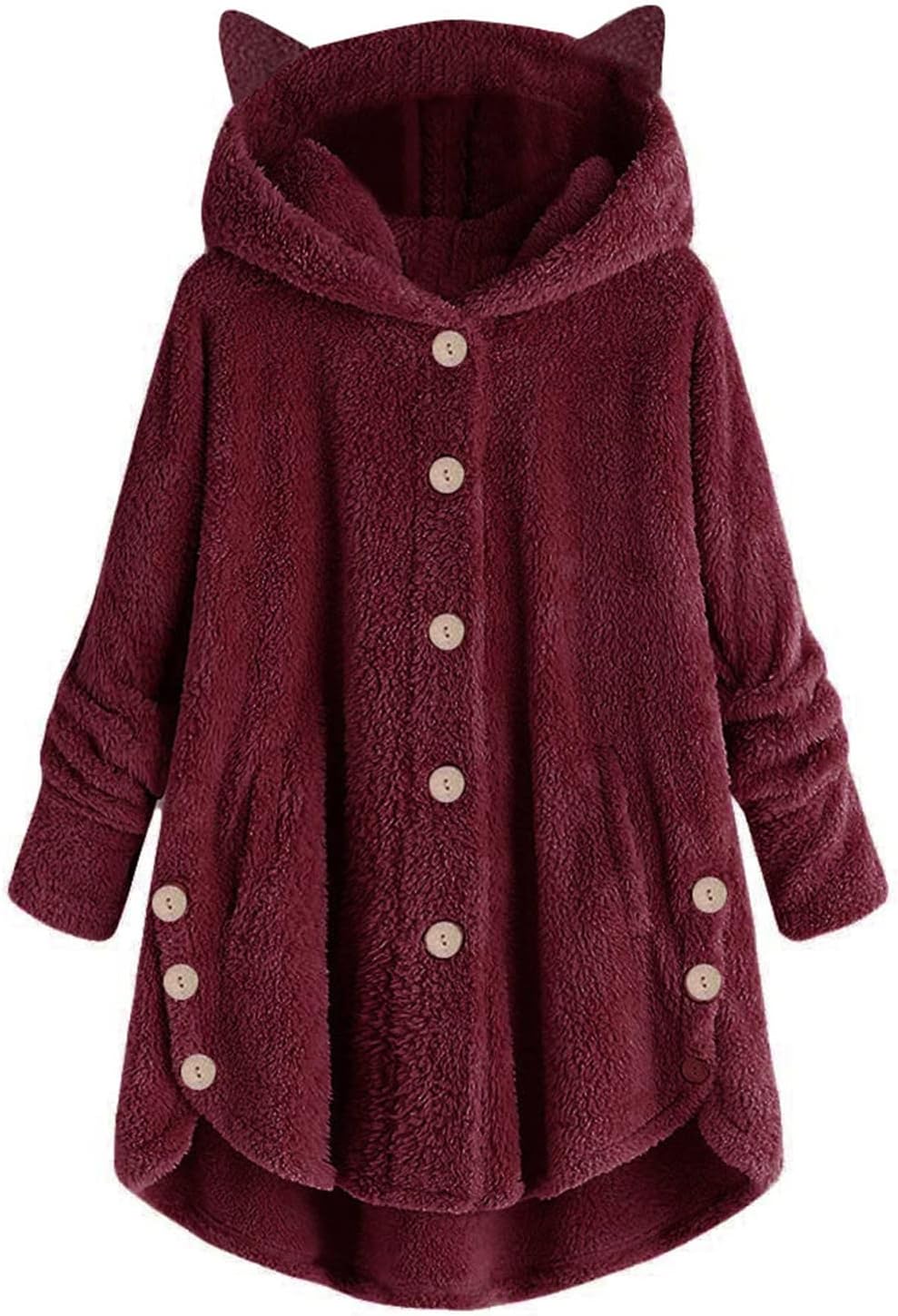 Womens Fleece Hoodie Jackets Cute Cat Ear Hoodie Pullover Coat Fuzzy Sherpa Jacket Warm Outerwear Button Down Cardigan