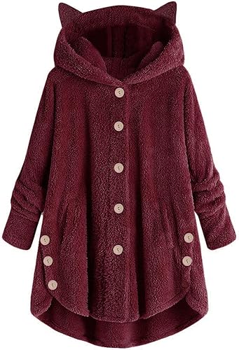 Qeaghou Abrigos de invierno para mujer, lindos gatos, chaqueta gruesa y cálida con capucha de manga larga, abrigos de forro polar mullido con botones