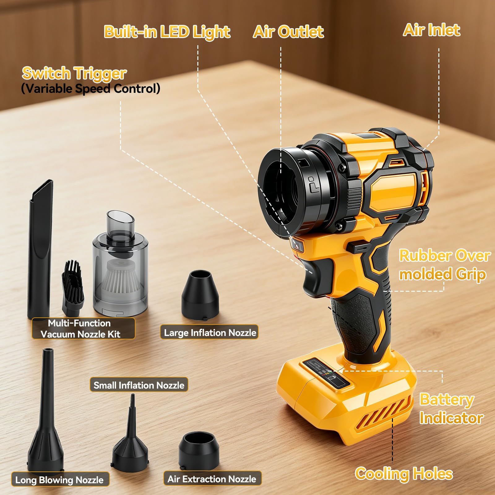 Soffiatore di foglie a batteria compatibile con DeWalt, soffiatore portatile e aspirante, ventilatore elettrico da giardino, 130.000 giri/min, 6 accessori per la cura del prato, cortile, foglie