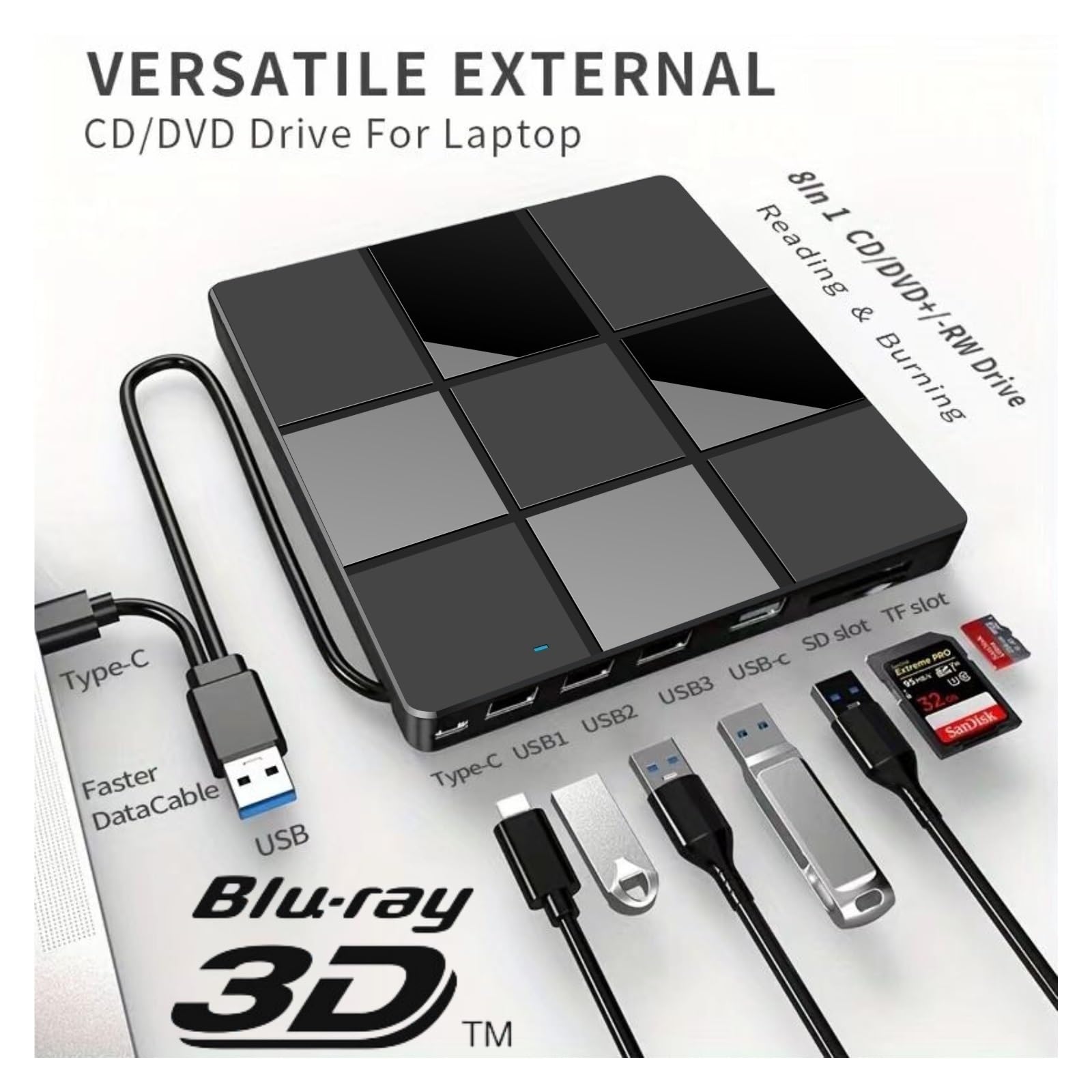 Lettore DVD, Unità ottica portatile USB 3.0 Type-C 7 in 1 UHD 4K Blu-ray BD DVD Burner(Blu-ray Player)