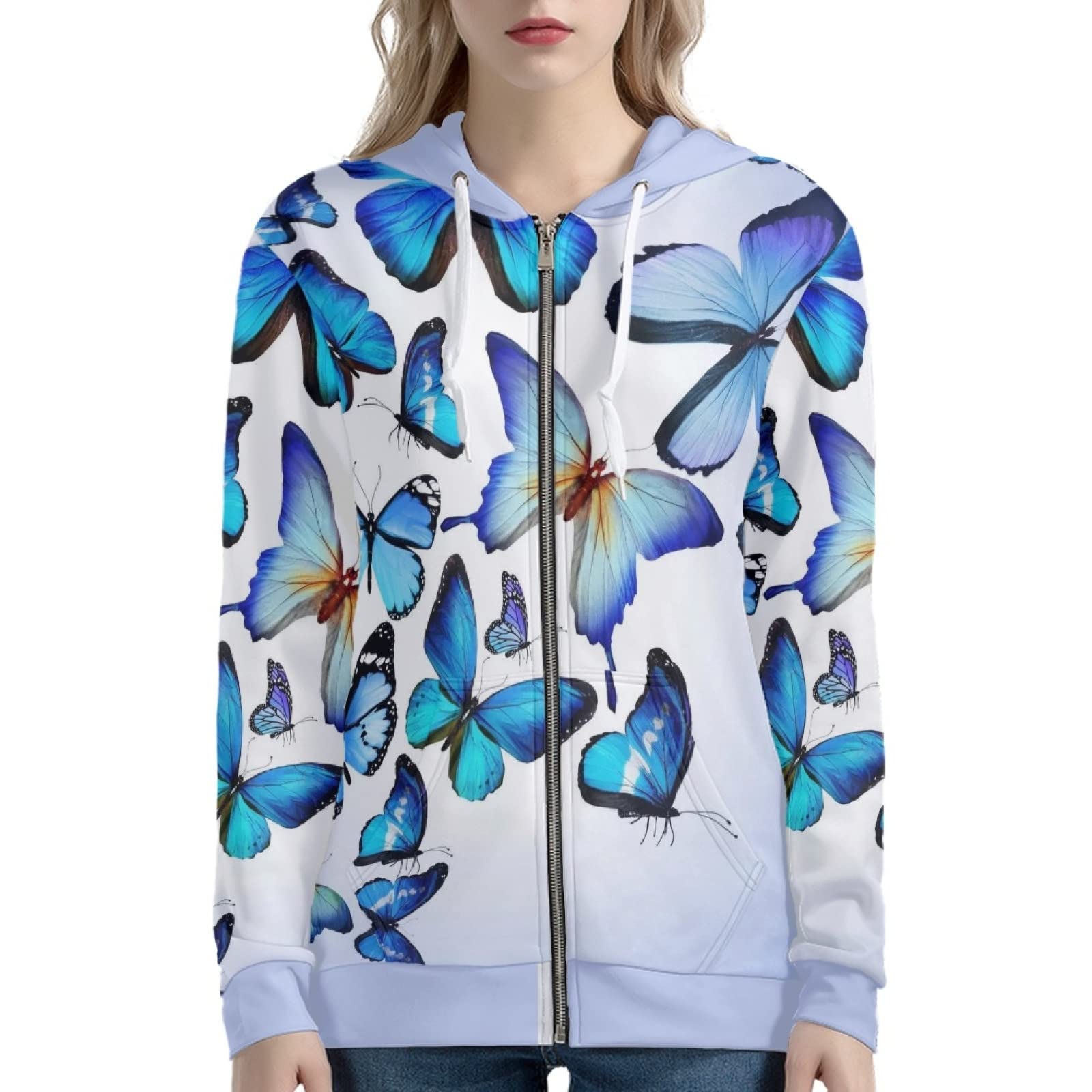 Felpa da donna con cappuccio autunnale con cerniera, a farfalla, modello etnico da donna a maniche lunghe con cappuccio e pullover casual, Farfalla, XL