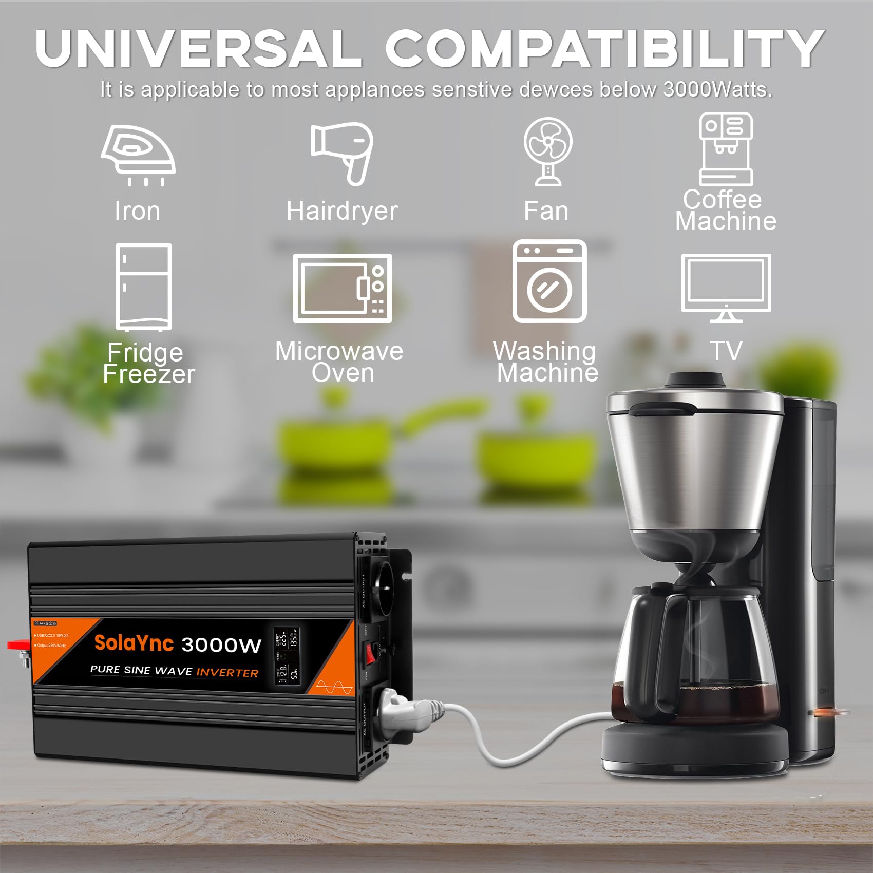 1500W Convertisseur 12V 230V Pur Sinus onduleur sinusoïdale avec écran LCD, télécommande, Prises UE, Port USB, adapté aux Camping-Cars, caravanes et installations solaires