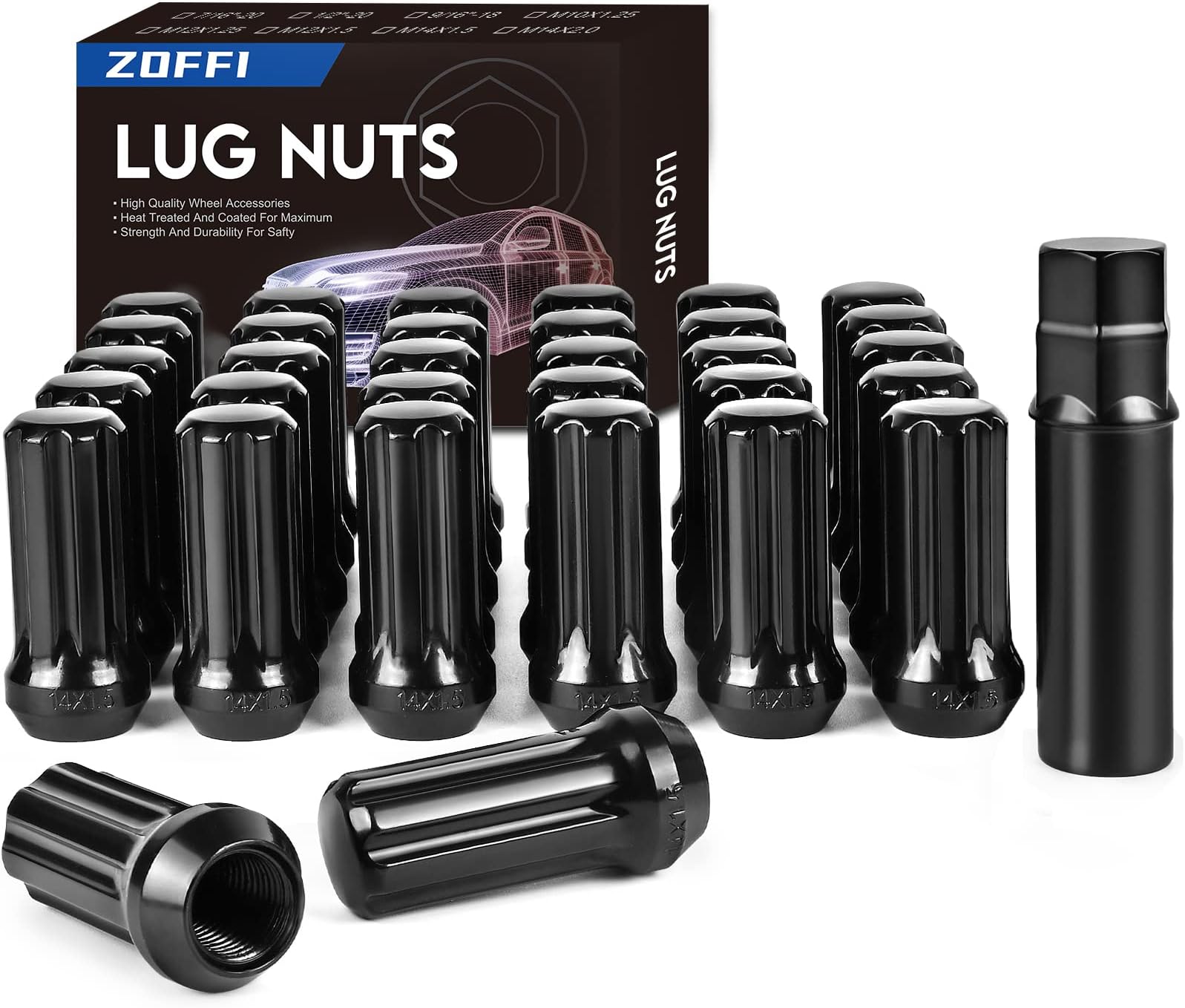ZOFFI 32pcs M14x1.5 Wheel Lug Nut - Replacement for 1995-2020 Chevy Silverado 1500 2500, Suburban 2500, GMC, Ram 2500 3500, Aftermarket Wheel - Black Closed End Lug Nuts with 1 Socket Key