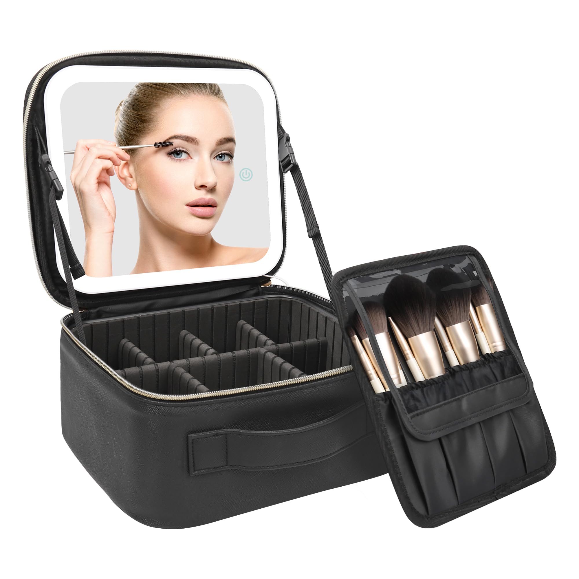 MONSTINA Travel Makeup Bag with LED Mirror,Lighted Make up Case Cosmetic Bag Professional Cosmetic Artist Organizer with LED Light Mirror,3 Adjustable Brightness for Girls and Women,Black