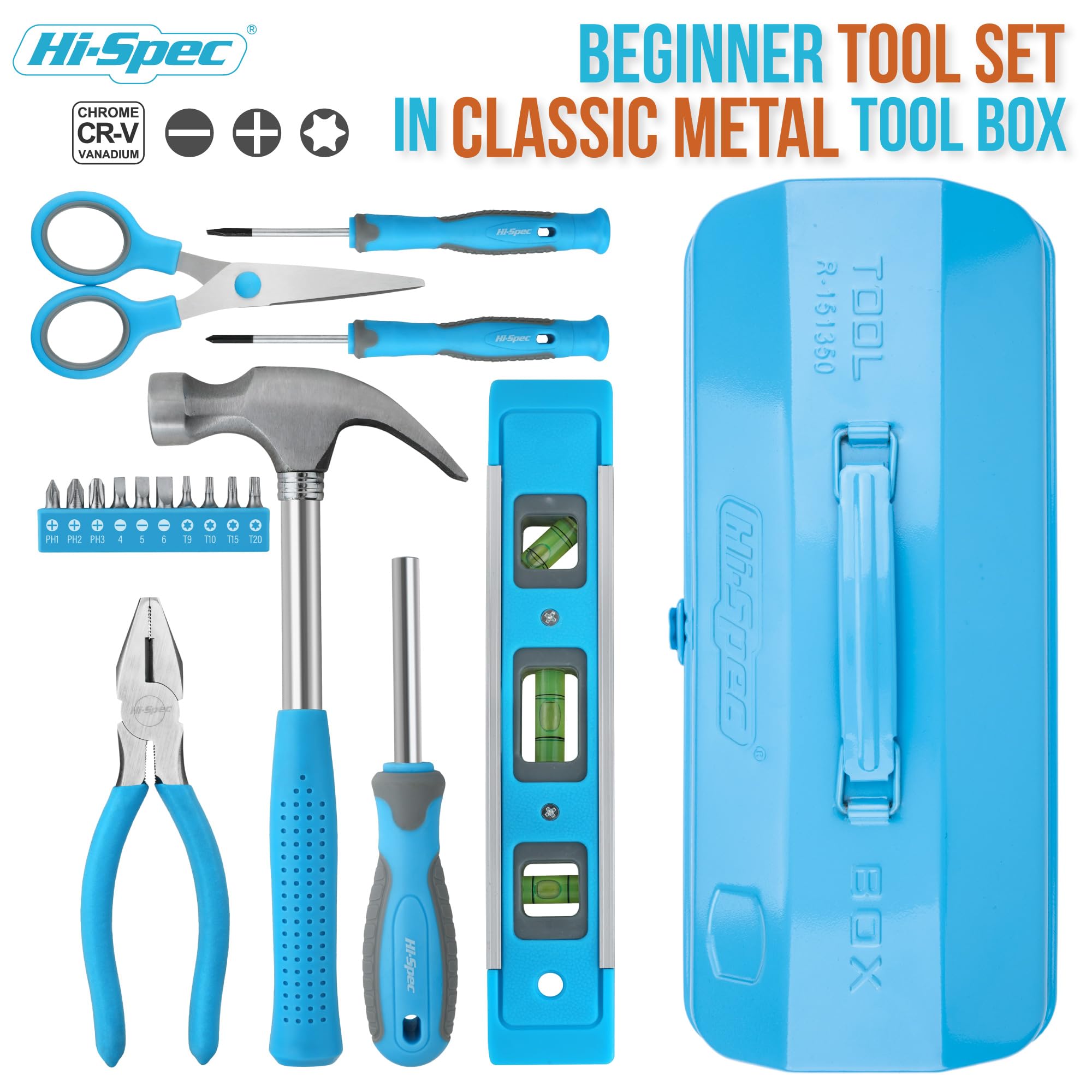 Hi-Spec Blue Beginner Tool Kit Set including Metal Box, Complete Real Hand Tools for DIY Starters Kids, Home Repairs, Crafts - Image 2