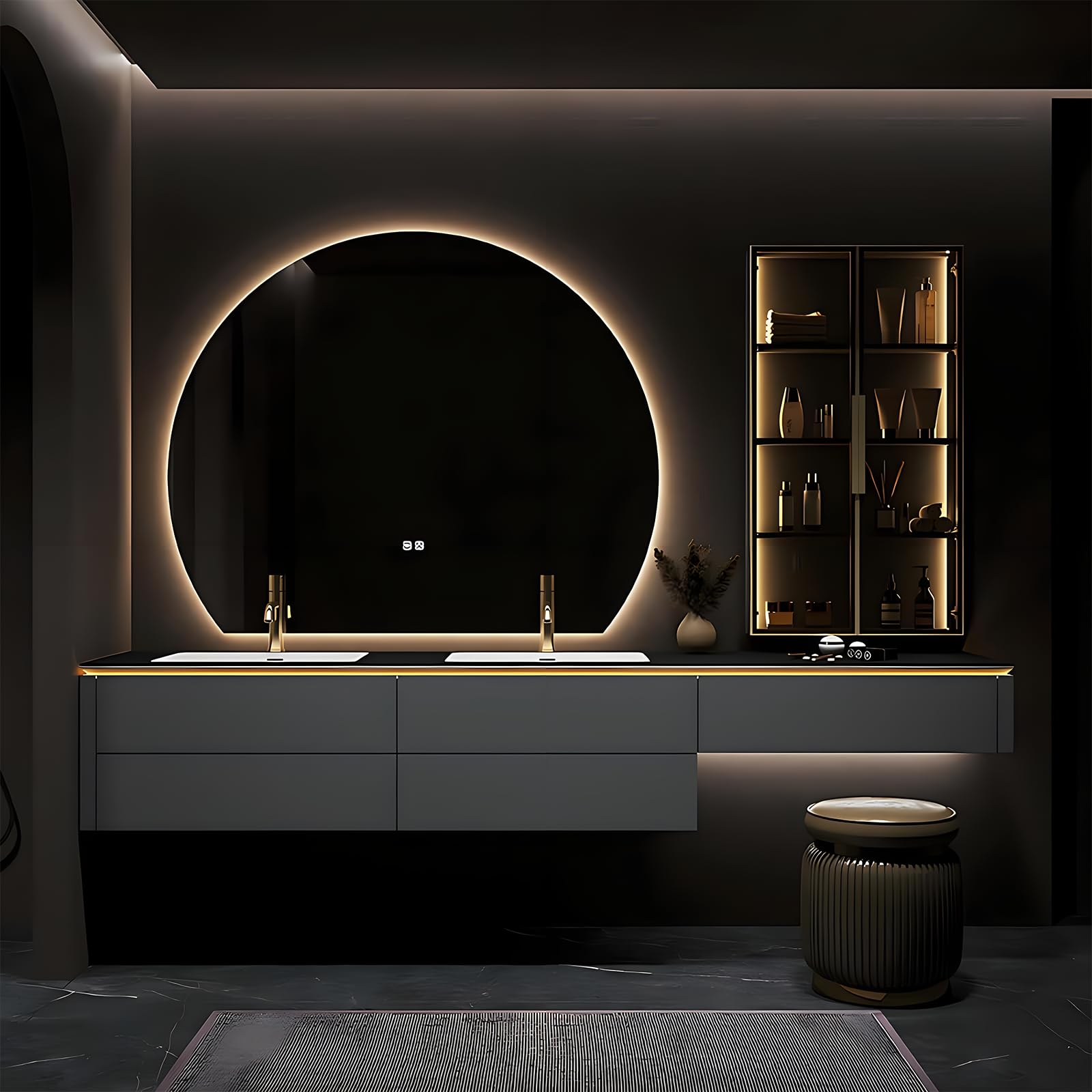 LUTHXAY 72IN Modern Bathroom Vanity with Double Sink, Floating Bathroom Vanities Set with Round Light Mirror & Glass Side Cabinet, Solid Wood Bathroom