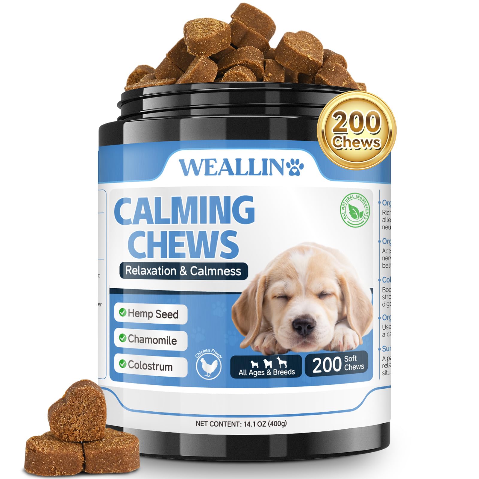 WEALLIN Snack Calmante per Cani, 200 unità Naturale Bocconcini Calmanti per Cani, Supporta Separazione, Abbaio, Viaggio, Fuochi d'Artificio, Aggressività, per Tutte Le Razze e Taglie, Sapore Pollo