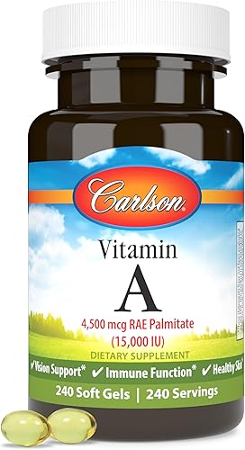 Carlson CAR01102- Vitamina A 15000 UI Palmitato 4500 mcg RAE Visión Salud y Piel Saludable Función Inmune W 240 cápsulas blandas Carlson CAR01102- Vitamina A 15000 UI Palmitato 4500 mcg RAE Visión Salud y Piel Saludable Función Inmune W 240 cápsulas blandas