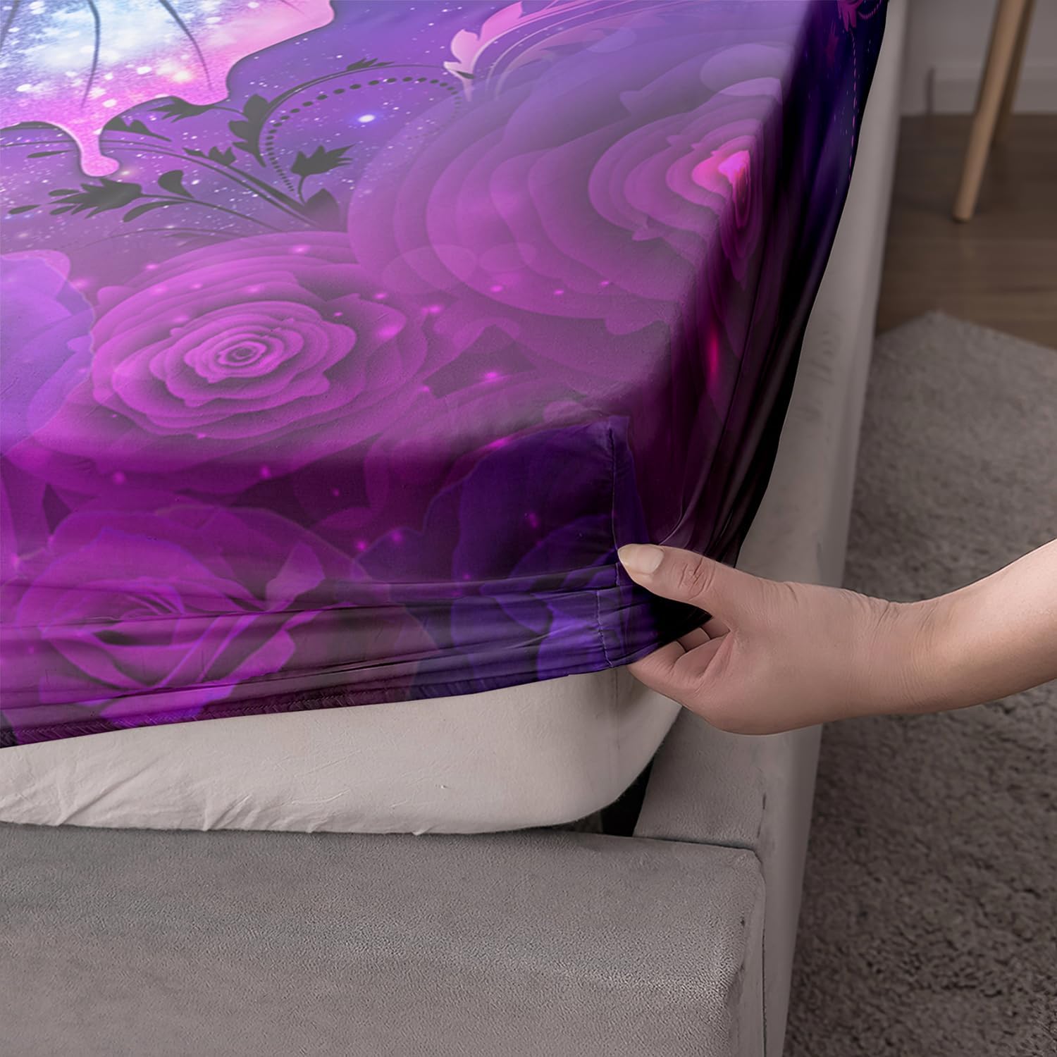 AILONEN Butterfly Fitted Sheet Full Size, Sparkly Purple Butterfly and Rose Bedding Set for Girls Kids,Deep Purple Comforter Cover,3 Pieces, 1 Quilt Cover and 2 Pillowcases
