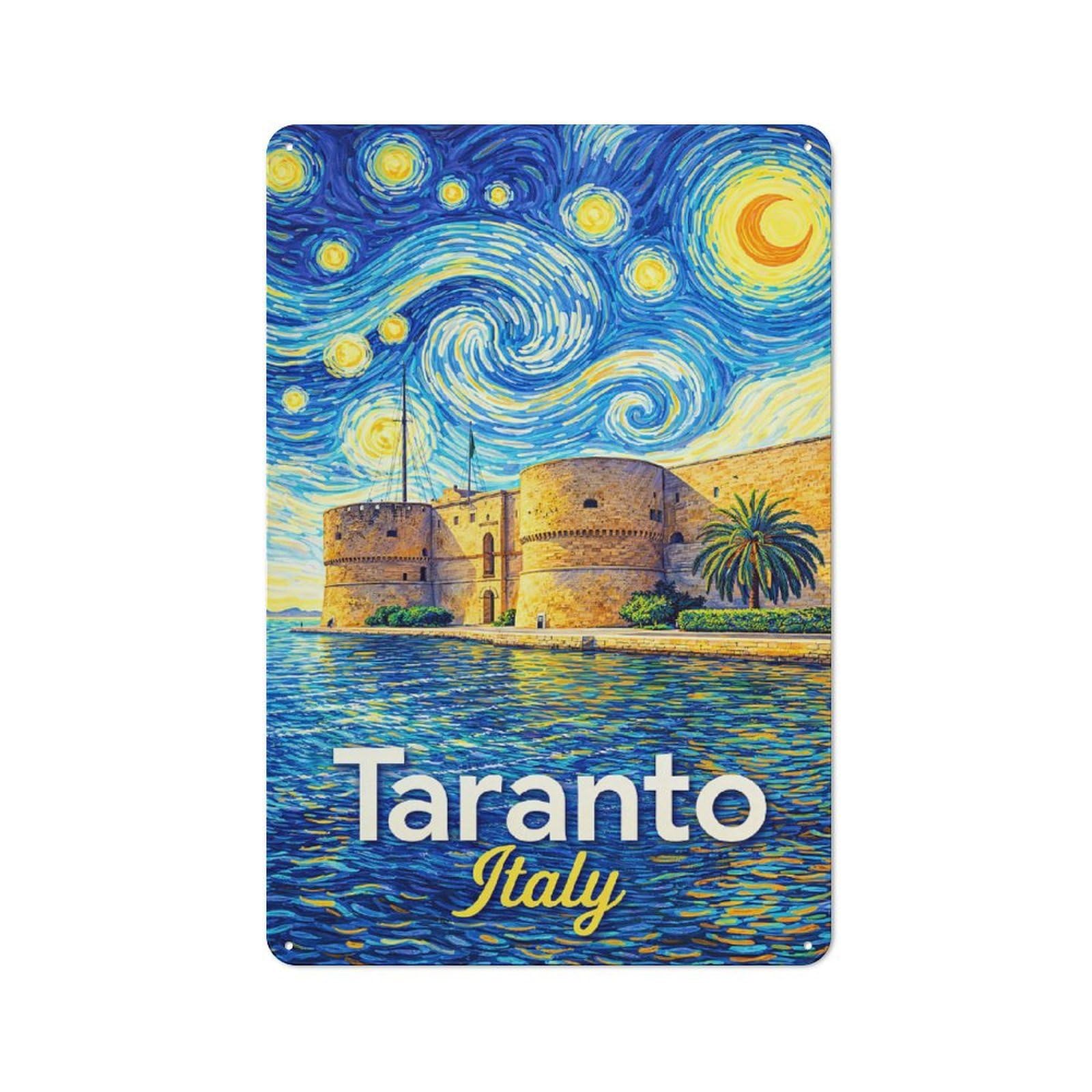 Junmoney Style-1 Taranto Italy Starry Night Painting Decorative Metal Plaque 30X20cm, Shop Front Style Bistro Wall Plaque For Tea Room, Shop Wall Or Breakfast Area