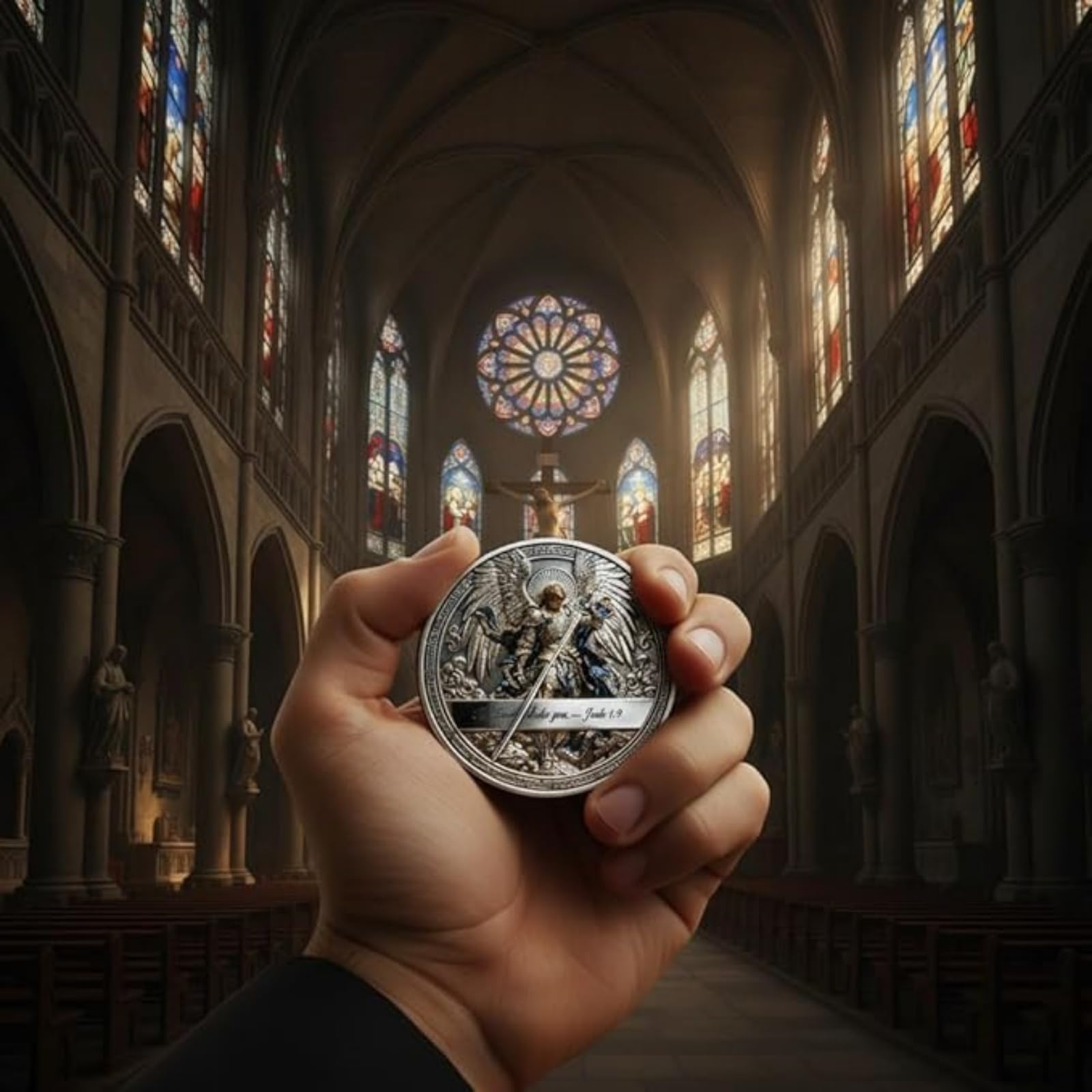 Saint Michel Archange – Pièce commémorative « Victoire sur le mal », pièce double face avec motif biblique et étui en acrylique, cadeau chrétien inspirant pour les collectionneurs (A*1)