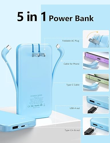 Miniatura 8 de Alongza Cargador portátil con cables integrados y enchufe de pared de CA, cargador de batería delgada de carga rápida de 10000 mAh, batería externa