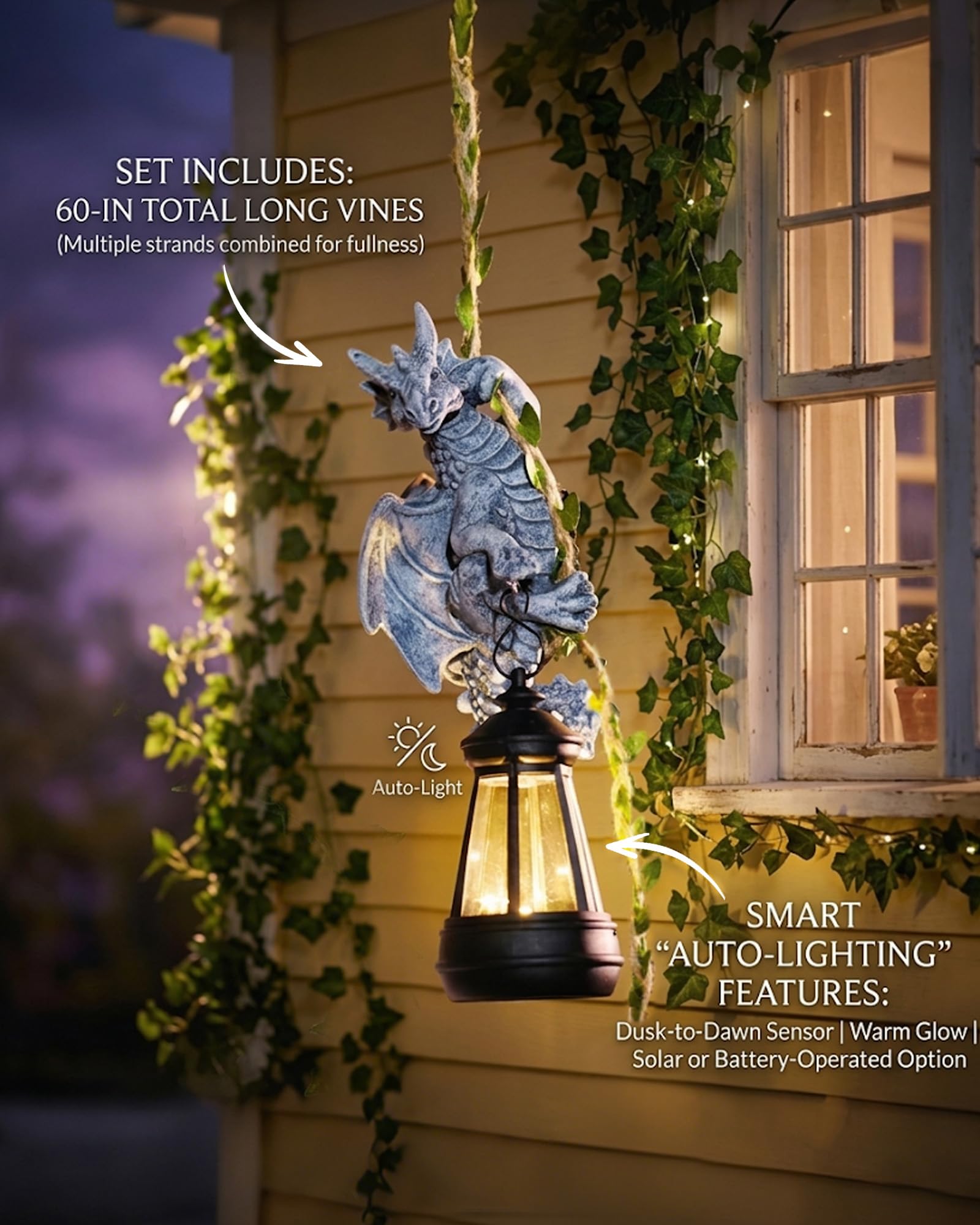 Nacome Statue solari da esterno a forma di drago per giardino: sculture di arrampicata da appendere all'esterno con lanterna decorazione per cortile, veranda, balcone, regalo di compleanno per nonna