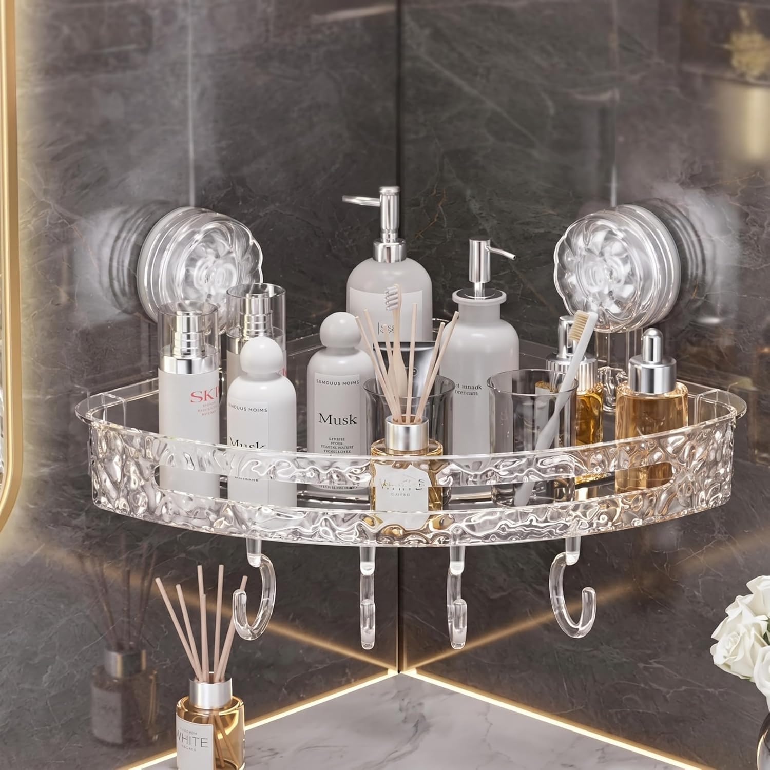Bathroom Corner Shelf for Wall with Suction Cup & Self Adhesive Mount - Transparent Plastic Storage Organizer Rack with Drainage Design and Hanging Hooks for Bathroom, Kitchen & Washroom-image-7