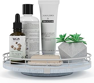 10" Oak Bathroom Vanity Tray Turntable for Perfume Candle, Round Wooden Decorative Tray for Kitchen Sink Countertop Organizer, Bathroom Counter Organizer for Skincare Makeup, Rustic White