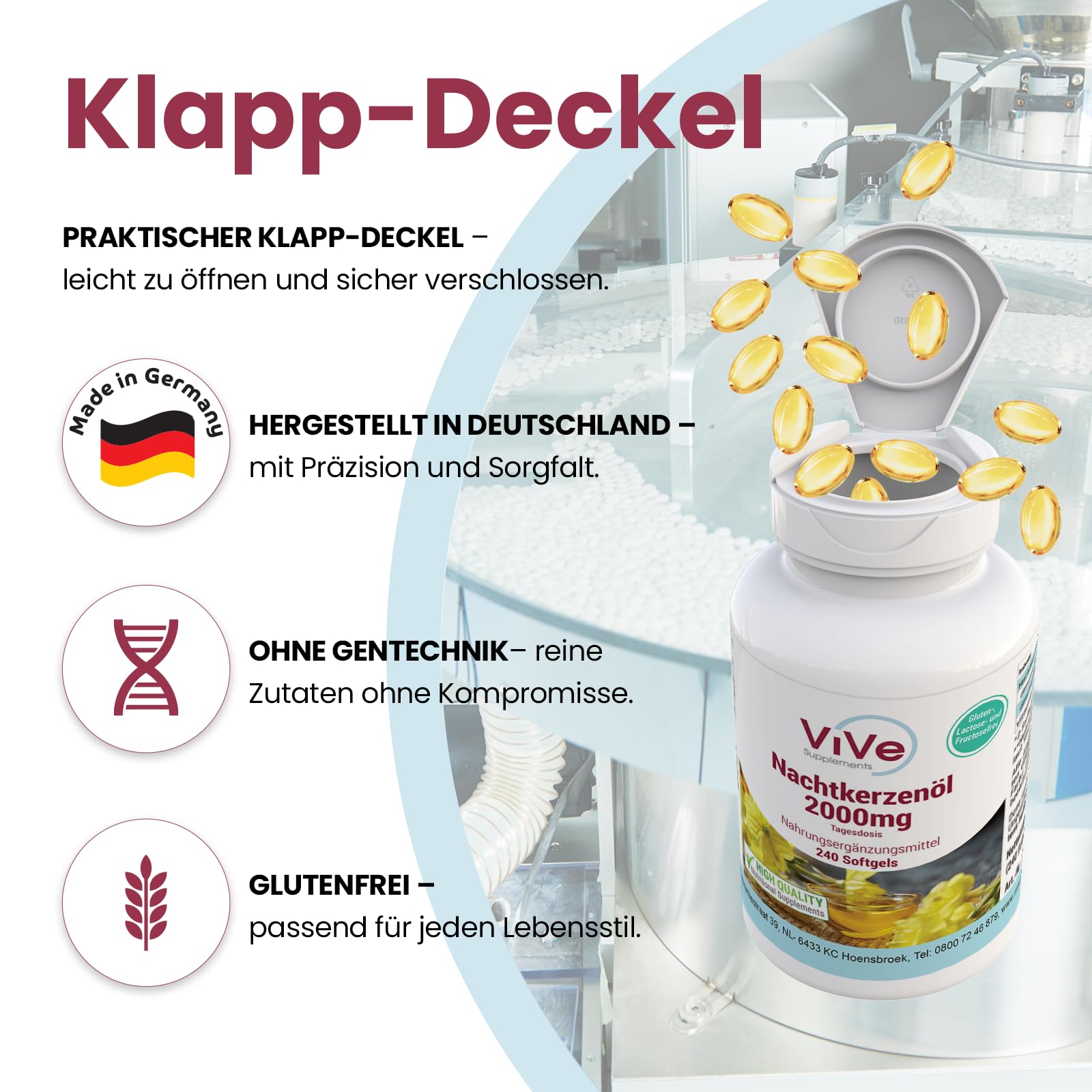Nachtkerzenöl 2000mg - 240 Softgels -Linolsäuren + Vitamin E - Hochdosiert - Qualität aus Deutschland - ViVe Supplements