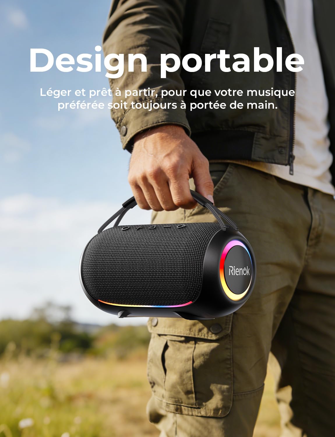 RIENOK Enceinte Bluetooth, 80W Enceinte Puissante, Tweeter et Woofer, 6000 mAh, 30H, IPX6, 128Go, Haut Parleur Bluetooth 5.3, Port Clé USB, AUX et TF Carte, pour Fêtes Soirées Voyage Extérieur, Noir
