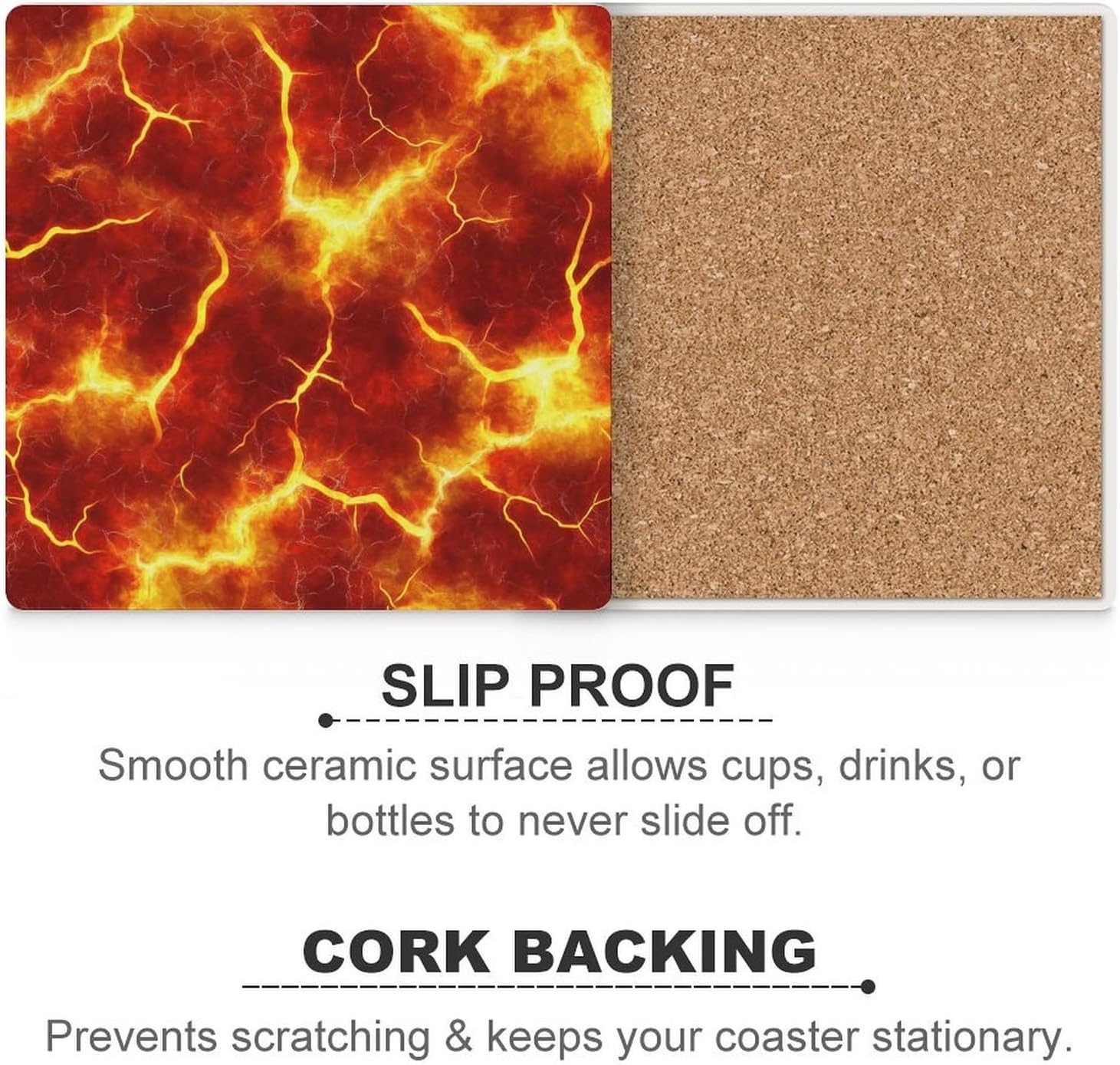 Red Lava Coasters for Drinks Square Table Coasters Set Cup Mats with Cork Base