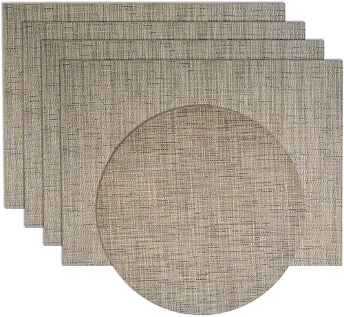 Sweet Pea Linens Juego de cuatro manteles individuales rectangulares color gris y azul con masilla, juego de cuatro Plus con cargador central redondo