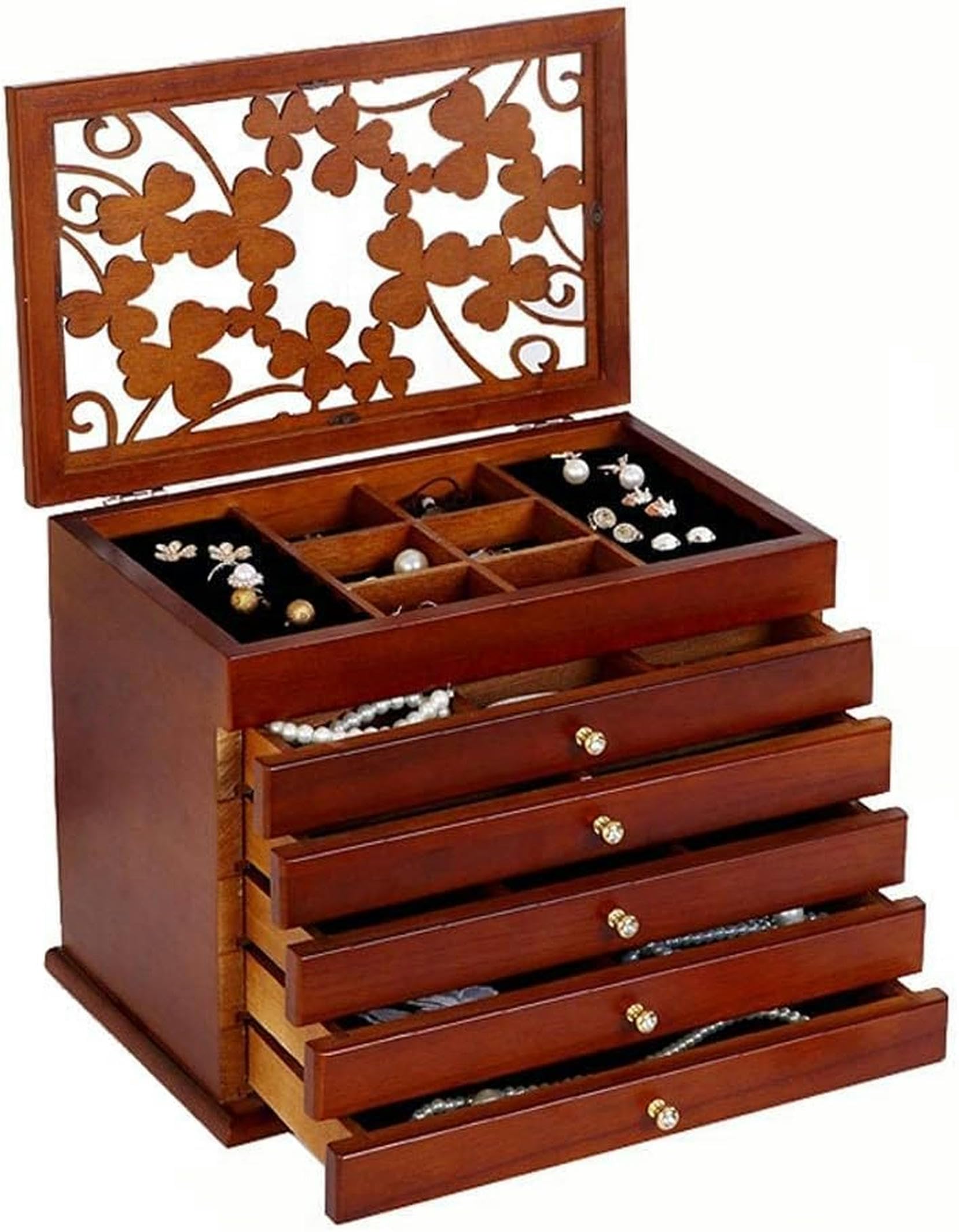 OZBMA Jewelry Box Wooden Showcase 6-Layer High Capacity Openwork Carving Desktop Multi-Purpose Storage for Jewellery Trinket BoxWhite~/