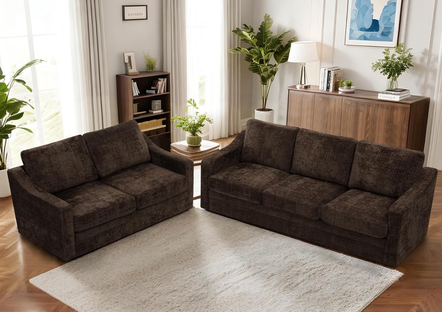 2 Pieces Chenille Sofa Sets w/Comfortable Back Cushions, Modern Loveseat & Sofa w/Deep Seat Space, Upholstered 2 Seat & 3 Seats Couch Sets w/High Resiliency Foam for Living Room, Office Brown