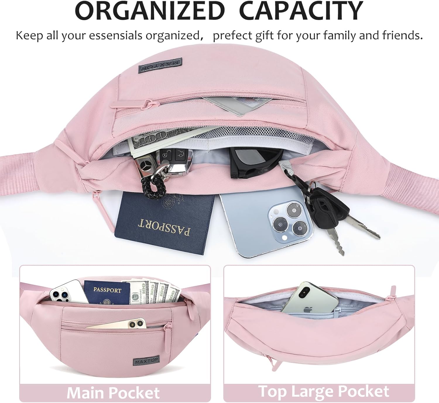 MAXTOP Large Fanny Pack Sling Bag with 4-Zipper Pockets Travel Essentials for Women Men Crossbody Bag,for Traveling Cycling Hiking Climbing Camping,Pink - Image 3