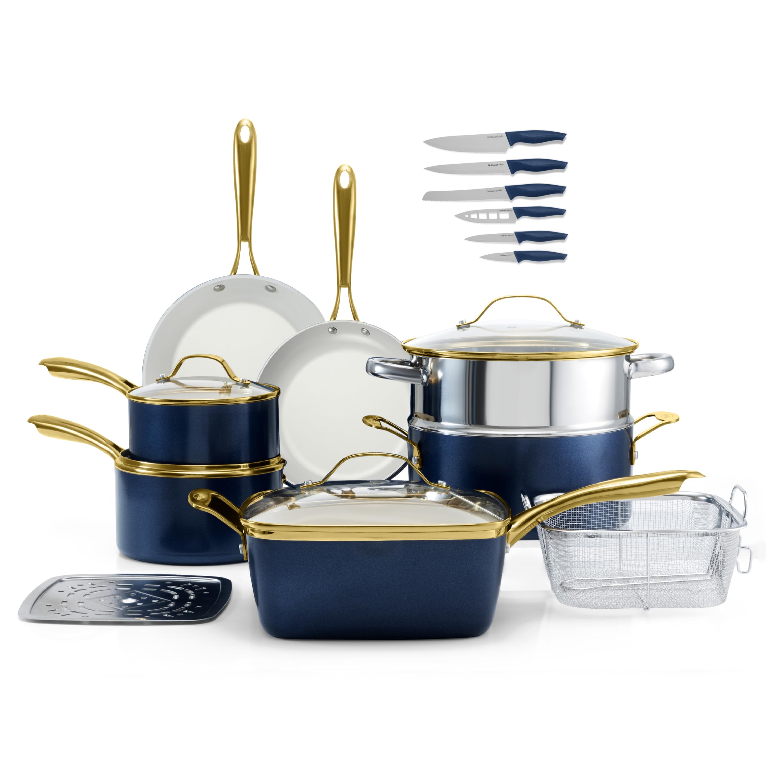 20pcs Pots and Pans Set Non Stick Ceramic Cookware Set with Deep Frying Pan Set & 6pc Knife Set, Improved Ti-Cerama Coating Made without PFOA PFOS Lasts 2x Longer, Oven & Dishwasher Safe