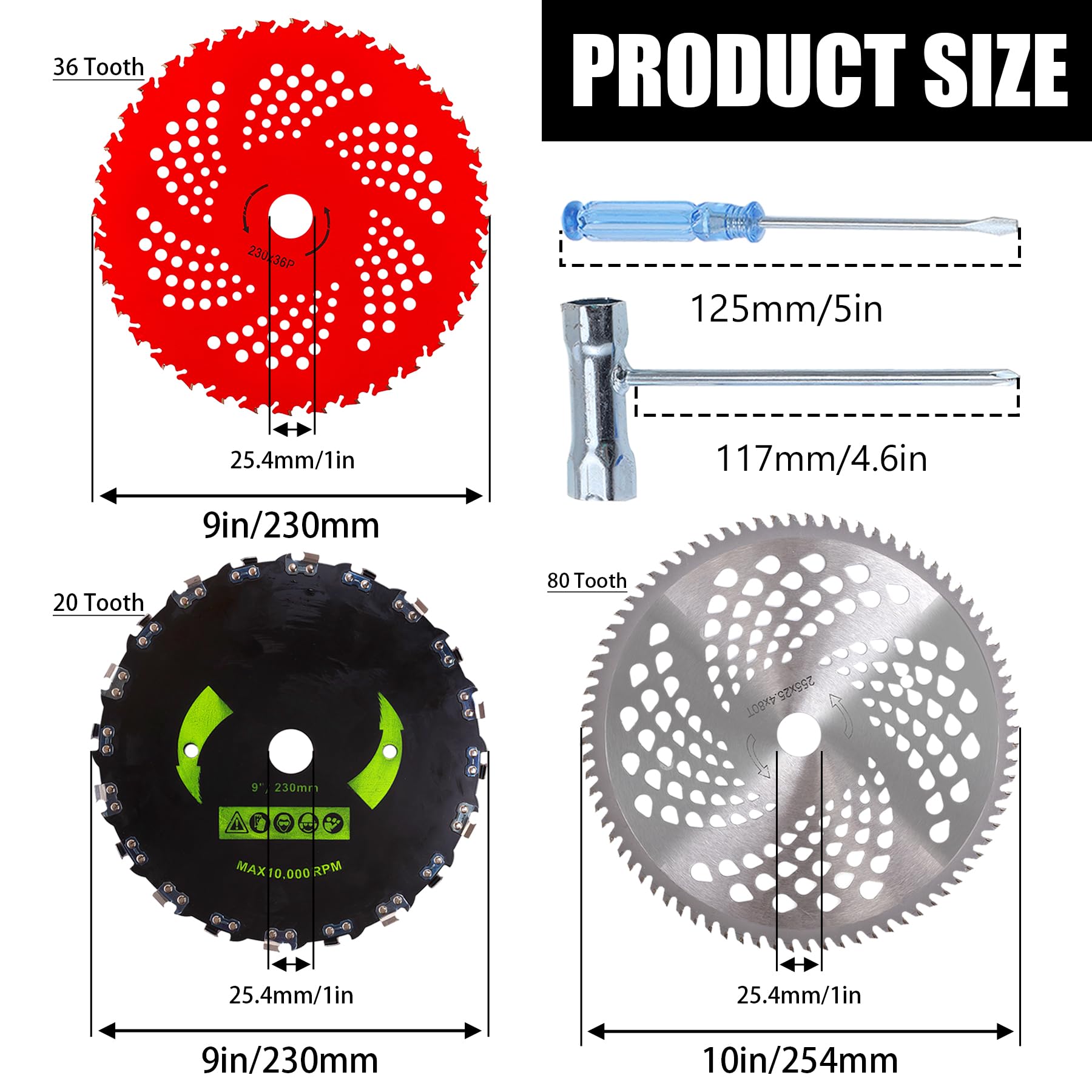Cuchillas con punta de carburo de 9 x 36 dientes de 9 pulgadas x 20T, cortador de dientes de motosierra de 10 pulgadas x 80T con kit adaptador universal, cabezal de corte de acero inoxidable de alta