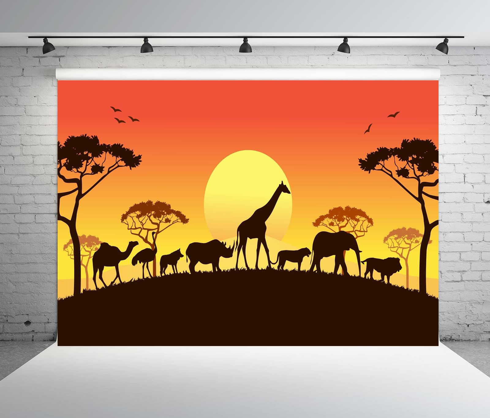 BELECO 3.6x3m Sfondo in tessuto Safari africano | Silhouette animali selvatici africani leone elefante giraffa tramonto sfondo safari decorazione festa foto