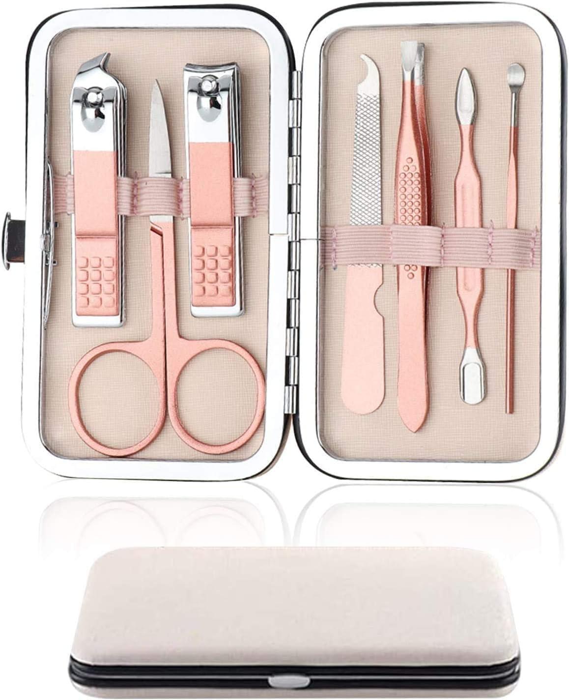 Nagelknipper Manicure Set, 7 In 1 Roestvrij Staal Professionele Pedicure Kit Nagelschaar Grooming Kit met Zwart PU Lederen Case voor Reizen & Thuis Gebruik (Roze Leer)
